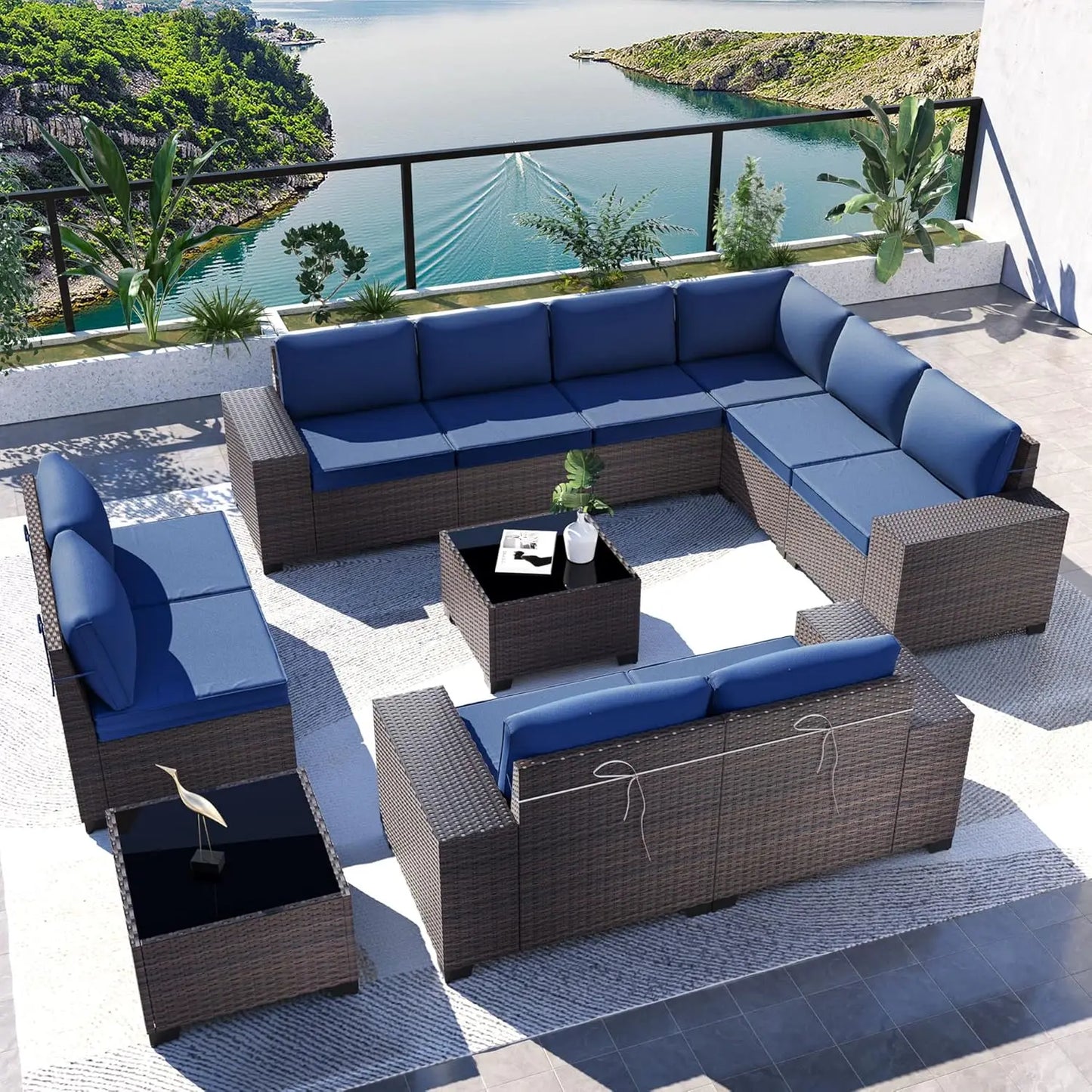 Outdoor Patio Furniture Set,12 Pieces Sectional Rattan Sofa Set Brown PE Rattan Wicker Patio Conversation Set with 10, Custom