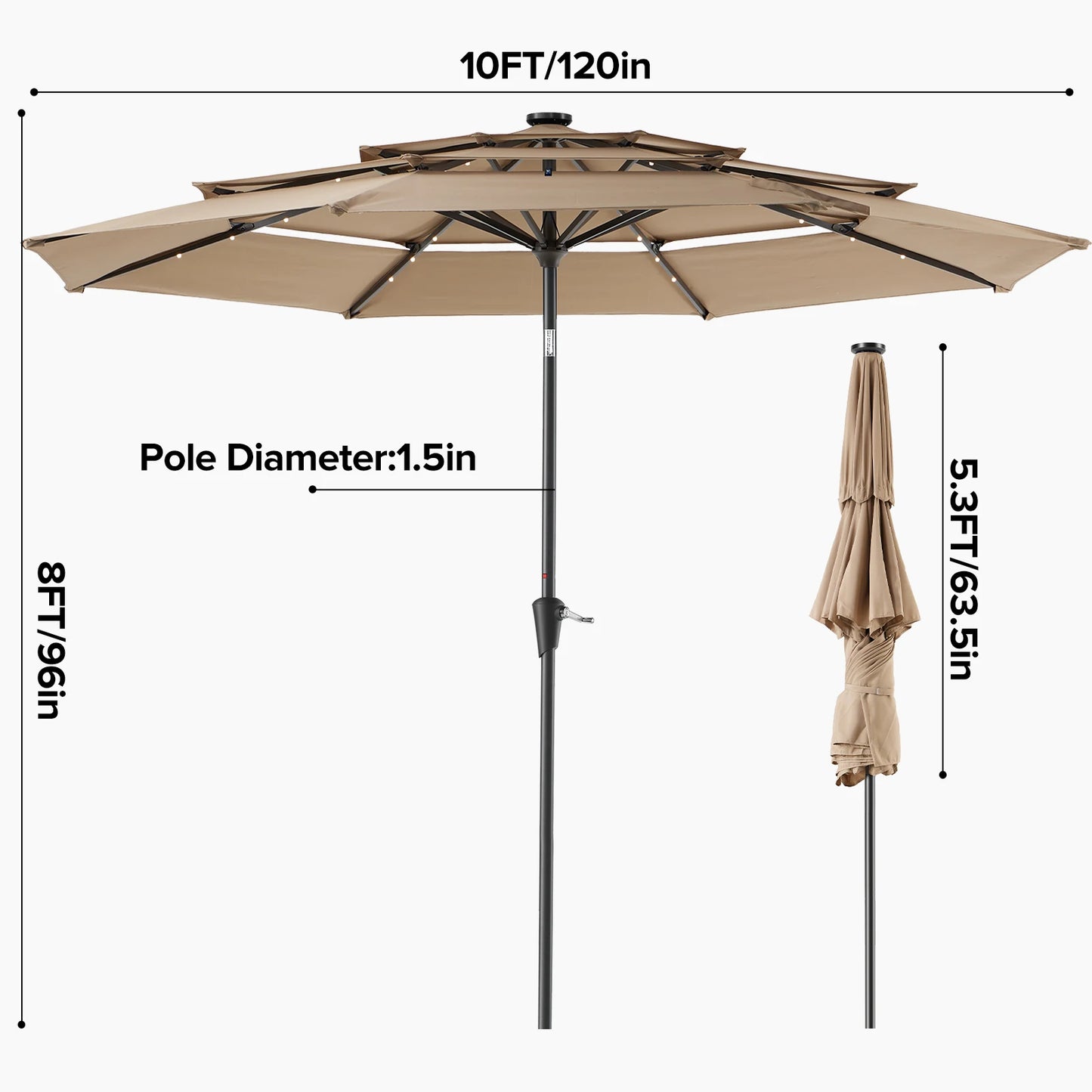 JHK 3-Tier 10FT Outdoor Patio Umbrella with 32 LED Lights Crank 8 Sturdy Ribs Table Umbrella for Pool Beach and Outdoor