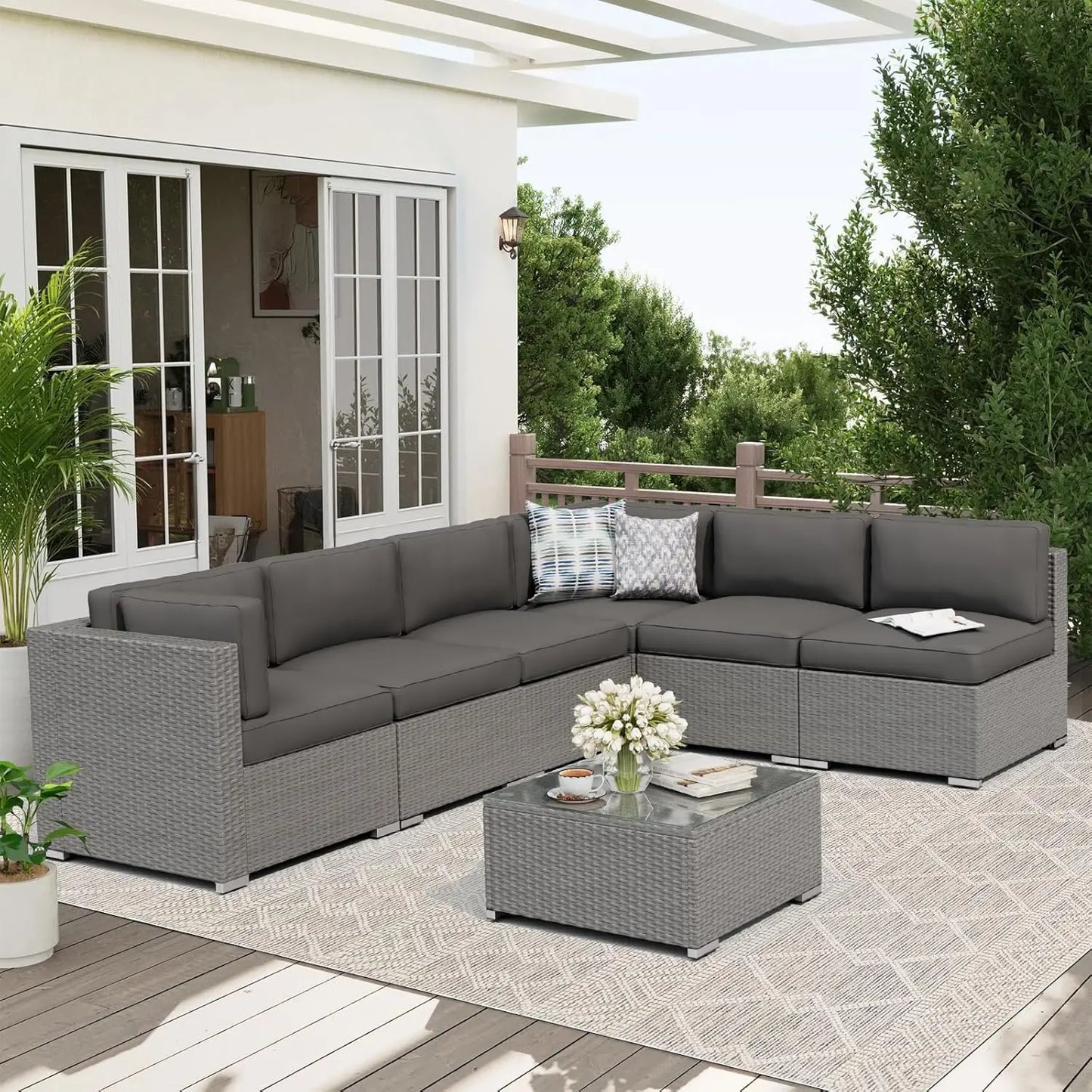 7-Piece Outdoor Patio Furniture Set Grey Rattan Wicker Sectional Sofa Conversation Sets with Cushions and Glass Top, Custom
