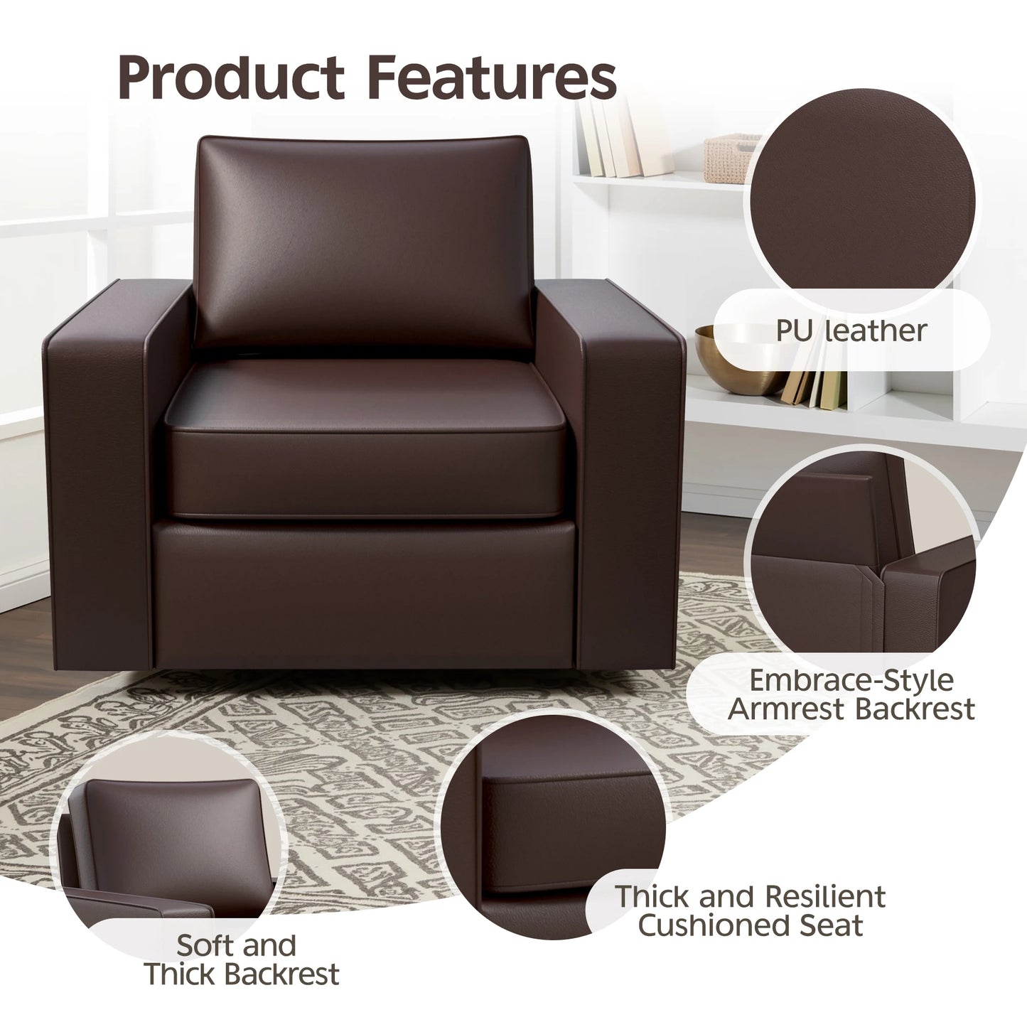 KERDOM 360° Swivel Accent Chair, PU Leather Living Room Chairs with Deep Seat and Upholstered, Square Armchairs for Bedroom, Reading Nook, Easy Assemble, Espresso