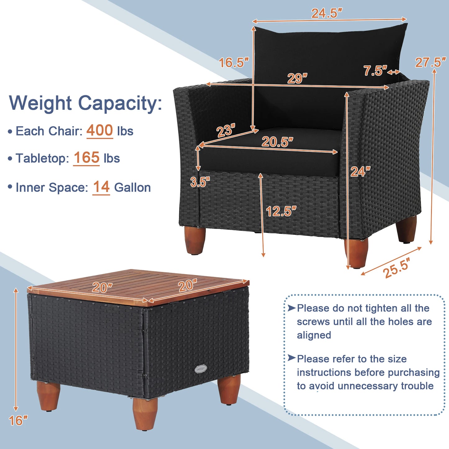 3PCS Patio Rattan Furniture Set Cushioned Sofa Storage Table with Wood Top Black