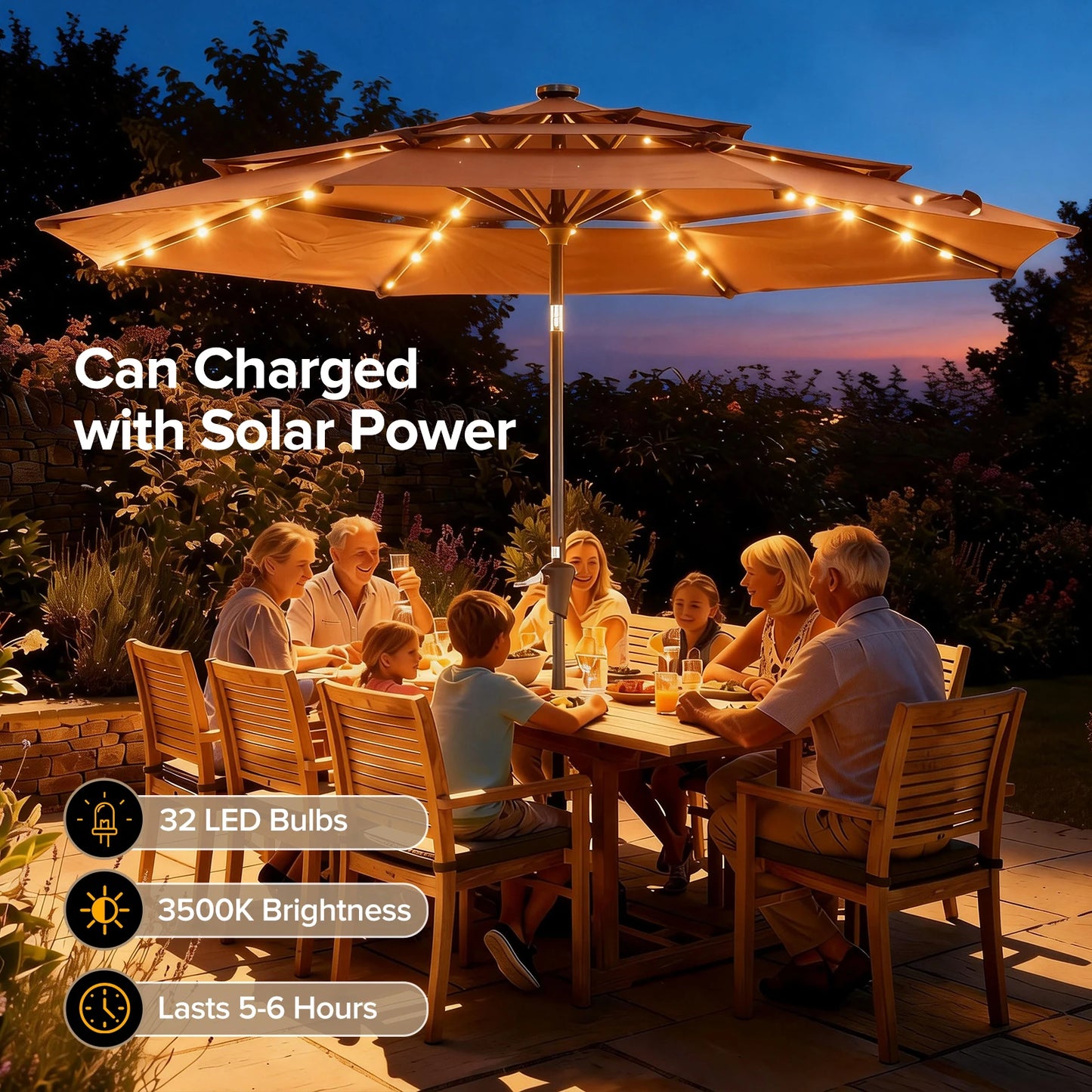 JHK 3-Tier 10FT Outdoor Patio Umbrella with 32 LED Lights Crank 8 Sturdy Ribs Table Umbrella for Pool Beach and Outdoor