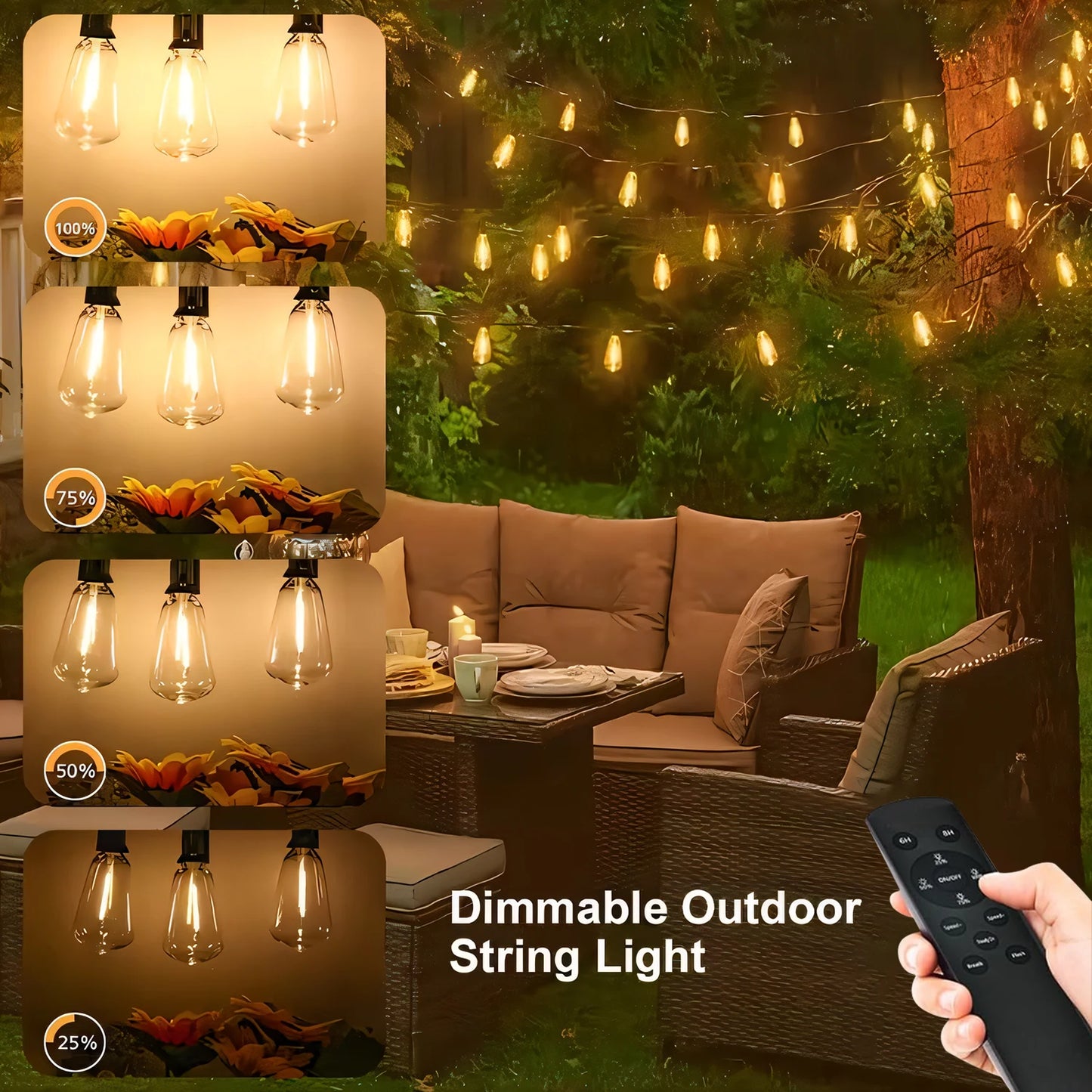 200FT ST38 Solar String Lights, 2700K Warm White, Black Wire, E12, Solar Powered with Remote, Waterproof Outdoor Patio Lights