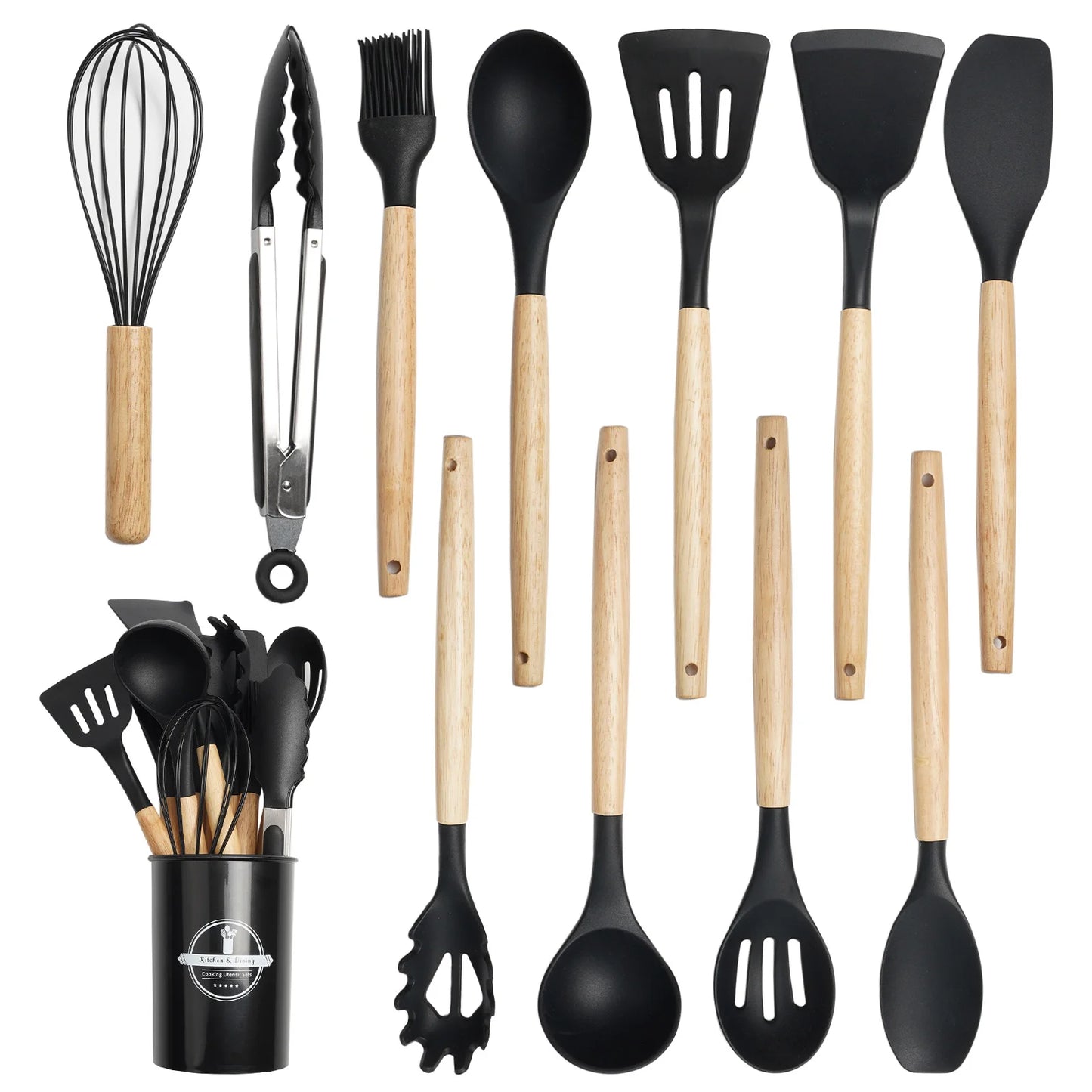 KOOMADE 12Pcs Silicone Cooking Utensils Set Natural Wood Handle Heat Resistant Non-Stick Kitchen Spatula Spoon Whisk Tongs Baking Tools With Storage Holder Kitchen Cookware Accessories