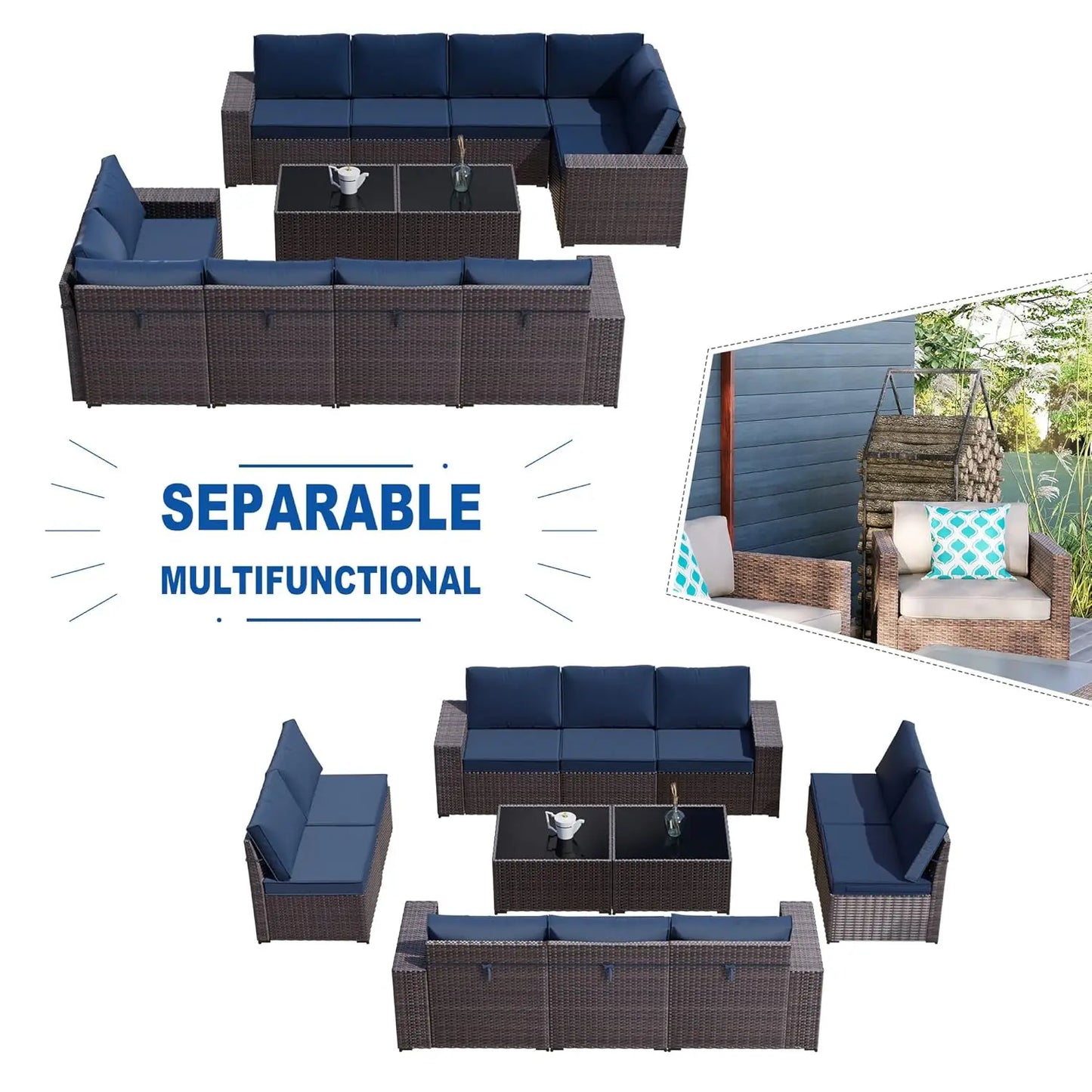 Outdoor Patio Furniture Set,12 Pieces Sectional Rattan Sofa Set Brown PE Rattan Wicker Patio Conversation Set with 10, Custom