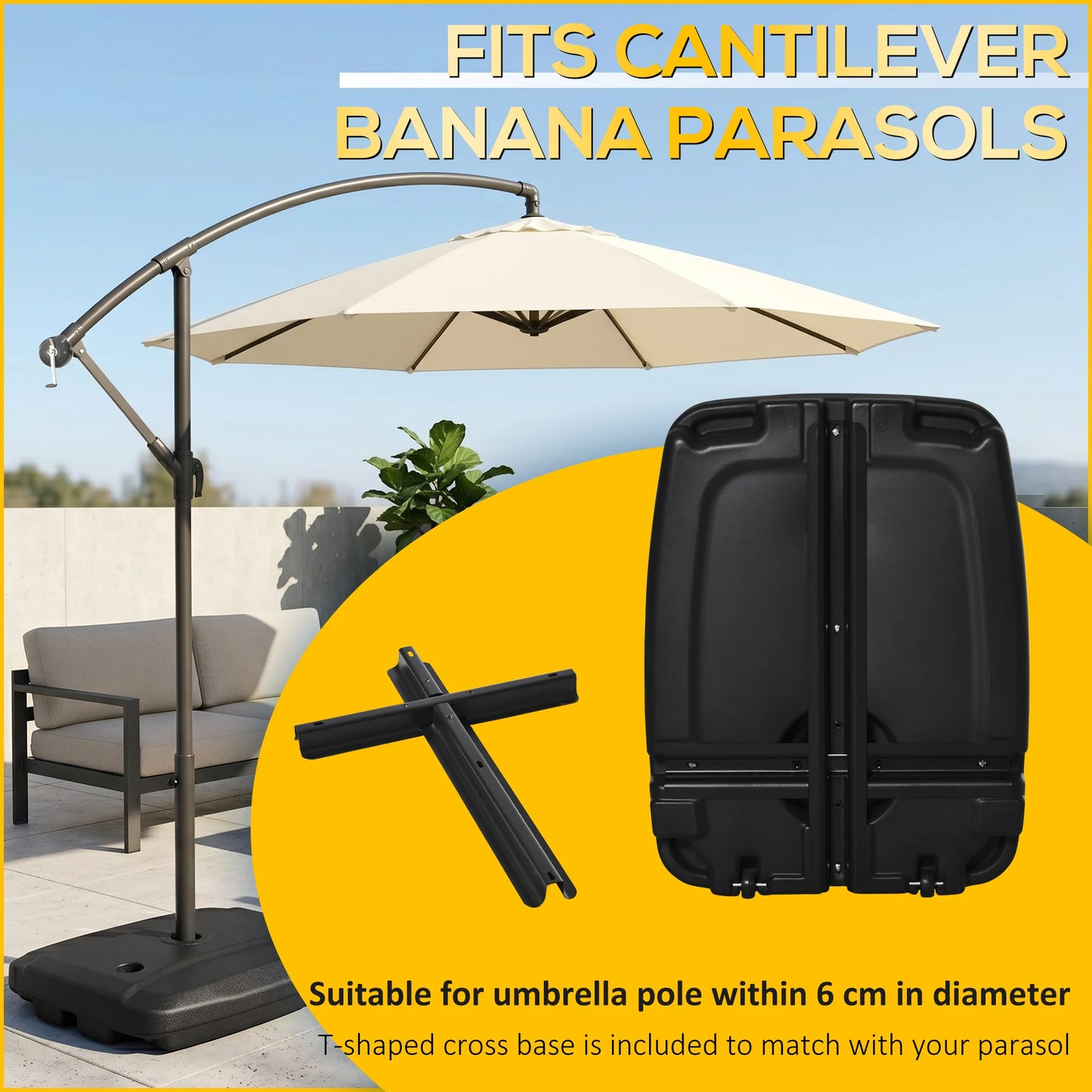 Cantilever Offset Umbrella Base Stand with Wheels, Water and Sand Filled, Black
