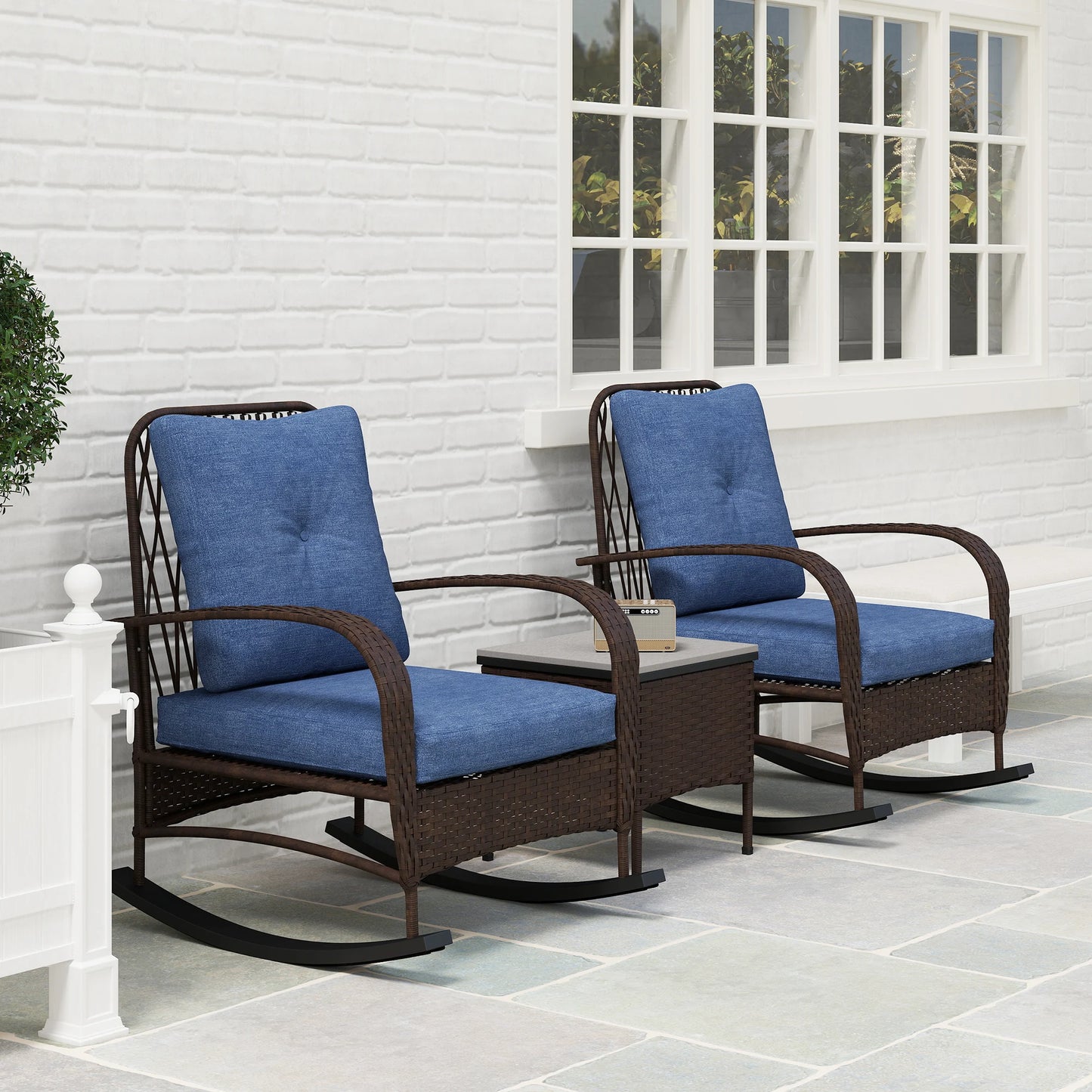 Patio Furniture Set, Rocking Chairs W/ Coffee Table, Cushion Brown