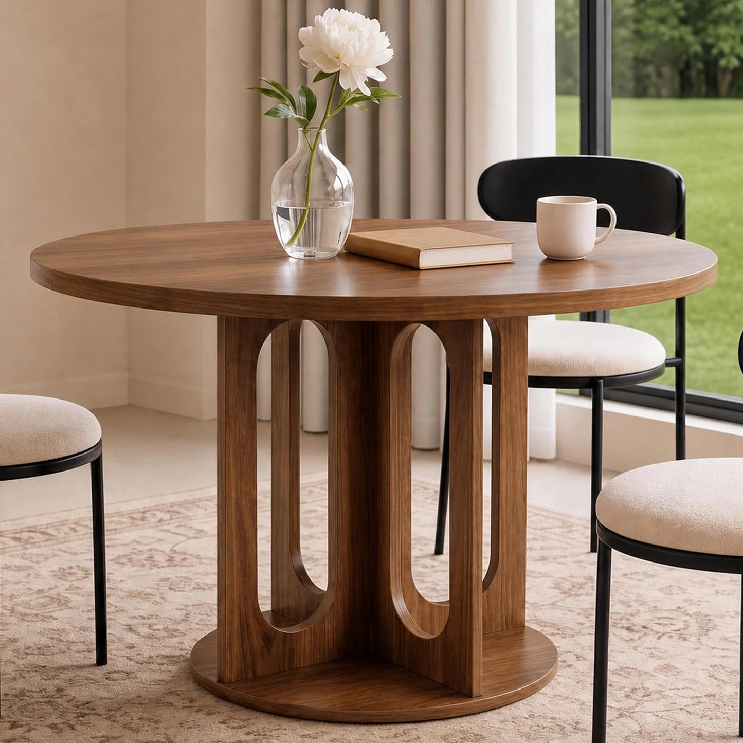 47 Inch Round Dining Table For 4-6, Modern Circle Kitchen Table With Open Arch Pedestal Base For Dining Room Breakfast Nook