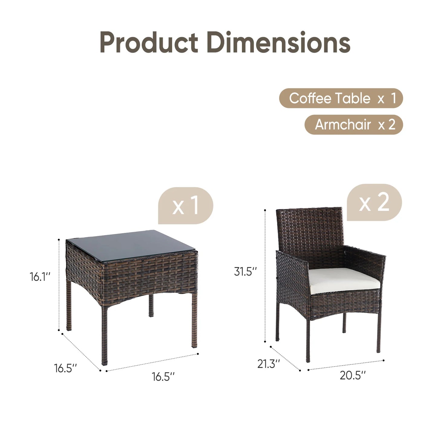 JHK Large Size 3 Pieces Outdoor Patio Furniture Set All-Weather Wicker Bistro Set with Removable Cushions and Glass Table Garden