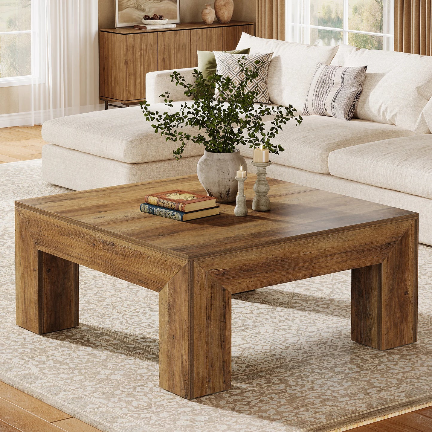 Tribesigns Square Coffee Table Farmhouse Wood Centerpiece