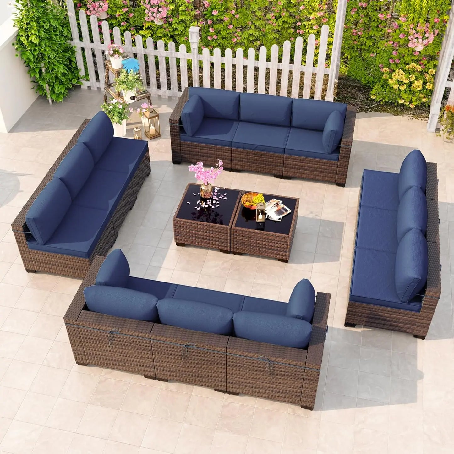 Outdoor Patio Furniture Set,12 Pieces Sectional Rattan Sofa Set Brown PE Rattan Wicker Patio Conversation Set with 10, Custom