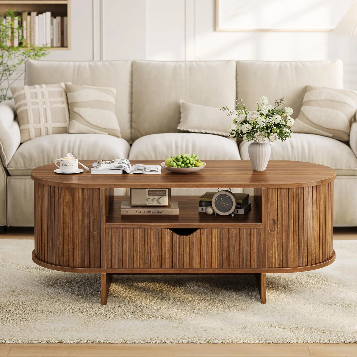 HiMISS Oval Coffee Table With Storage And Fluted Wood Design