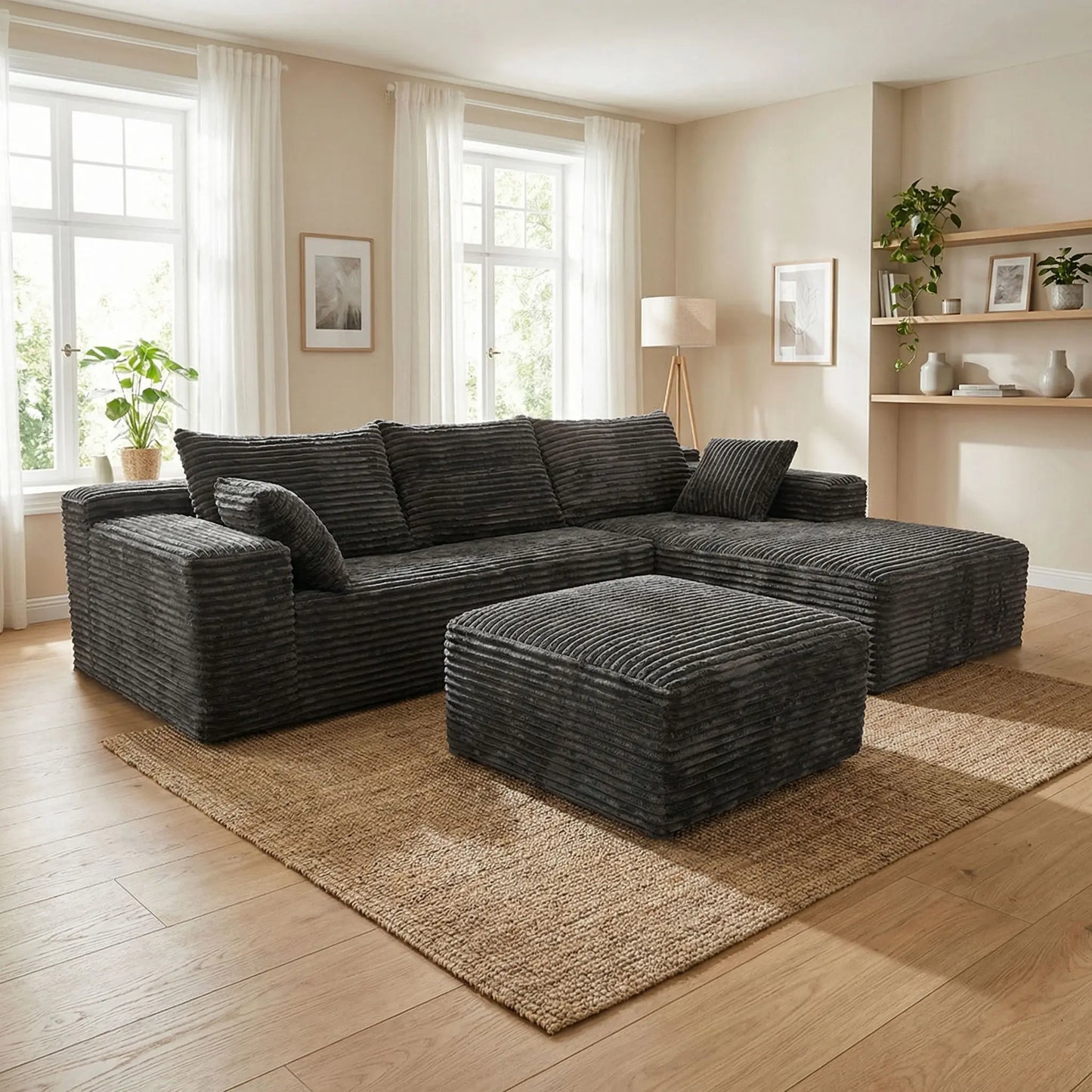 Light Luxury Minimalist Wide Vertical Striped Corduroy Modular L-Shaped Corner Sectional Sofa with Ottoman Footstool, Freely Combinable Cloud Chaise Lounge Lazy Cube Sofa, Oversized Deep Seat No Assembly Fabric Couch with Thr