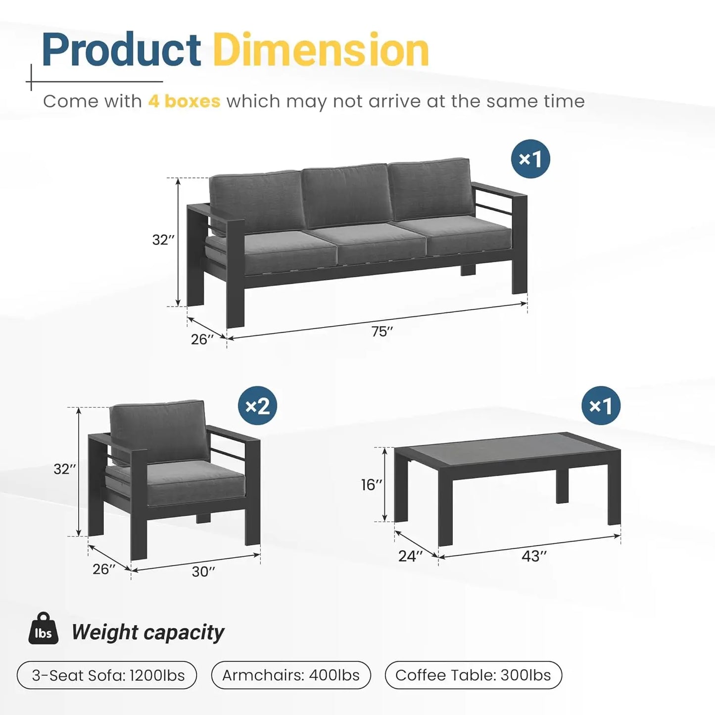 Aluminum Outdoor Patio Furniture Set Modern 4-Piece