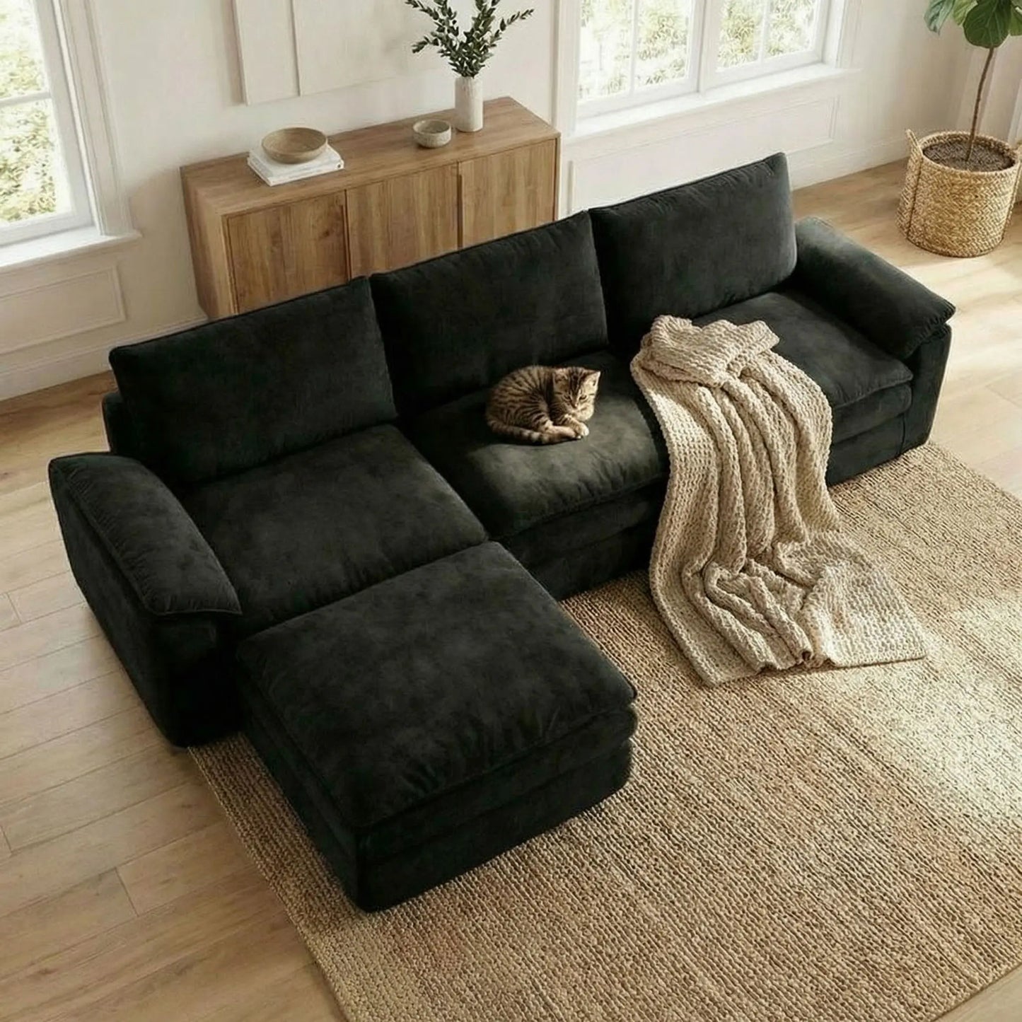 118 Inches L-Shaped Chenille Cloud Lazy Sofa, Black Oversized Deep Seat Modular Sectional Couch with Chaise Lounge, Ultra Soft Cat Scratch Resistant Chenille Fabric, No Assembly Low Maintenance Extra Comfort Large Sofa, Unive