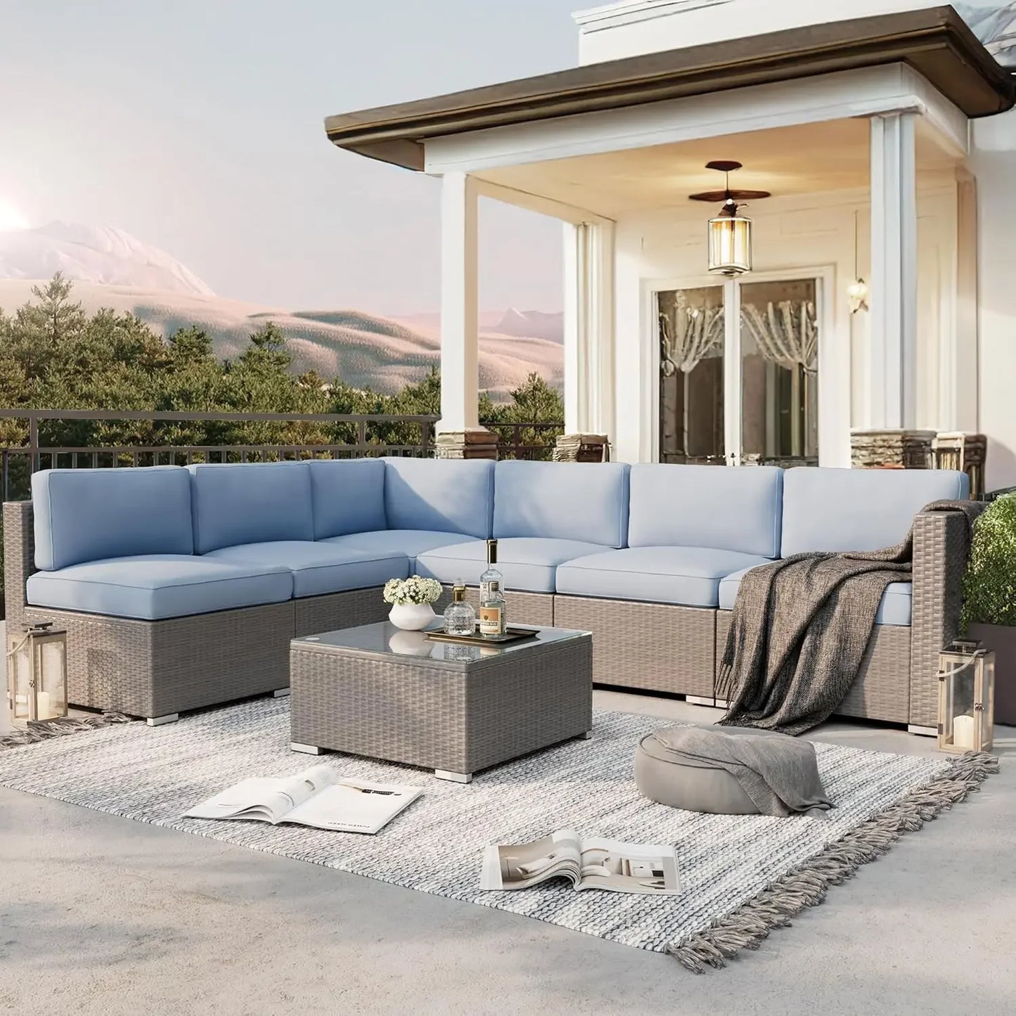 Outdoor Patio Furniture Set 7 Piece Outdoor Sectional Sofa Grey Wicker Conversation Sofa Set with Coffee Table and, Customized