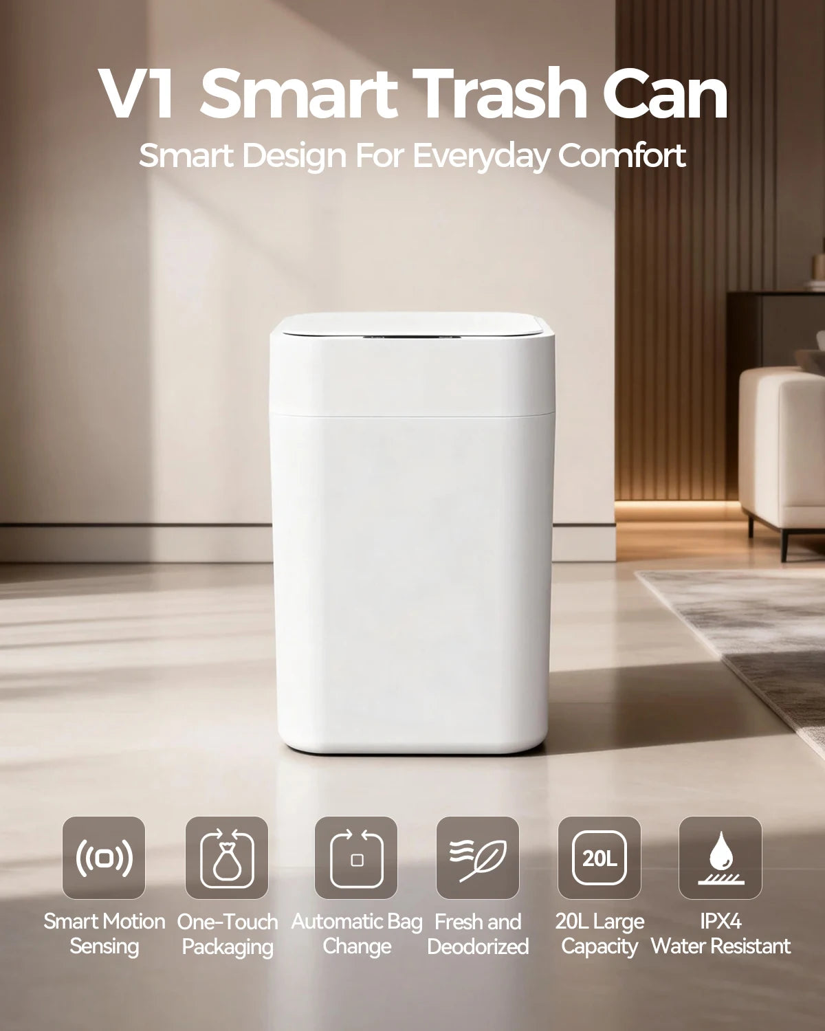 Smart Automatic Touchless Trash Can With Self Sealing Lid