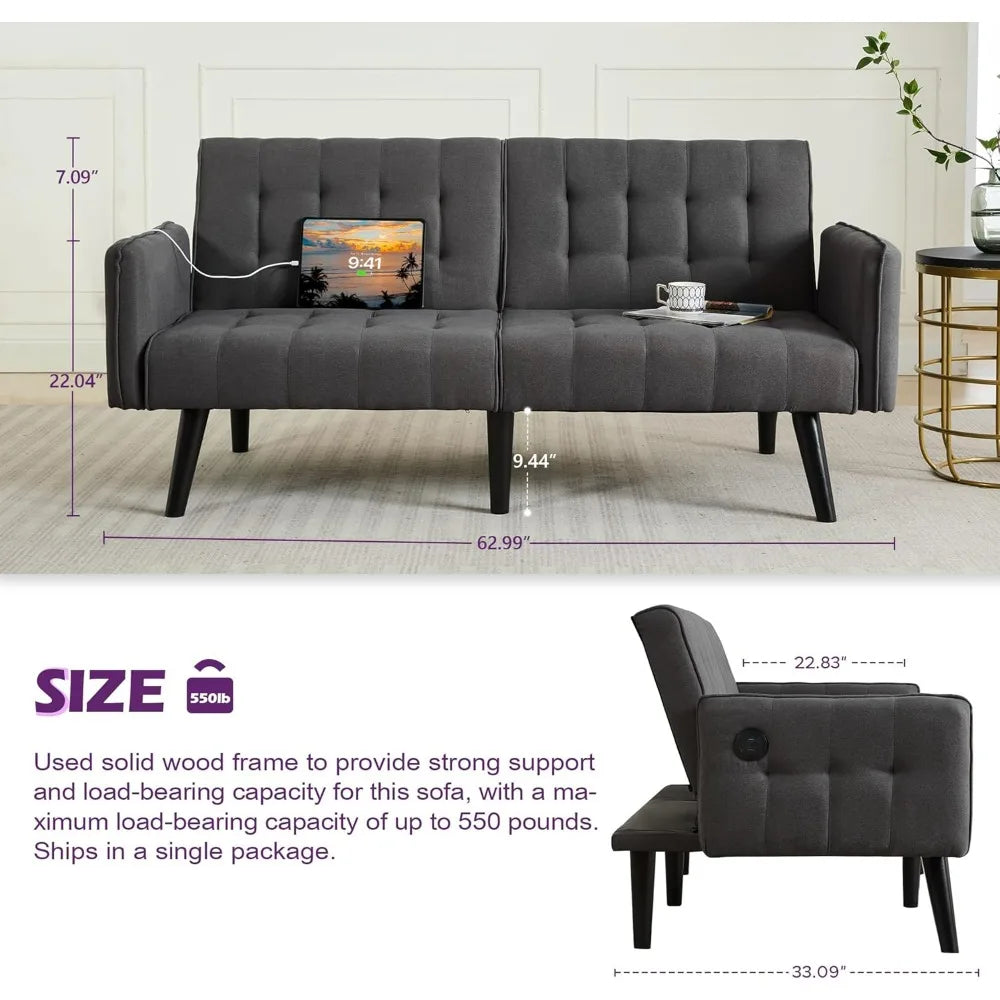 TYBOATLE Modern Tufted Adjustable Futon Sofa Bed With USB Ports