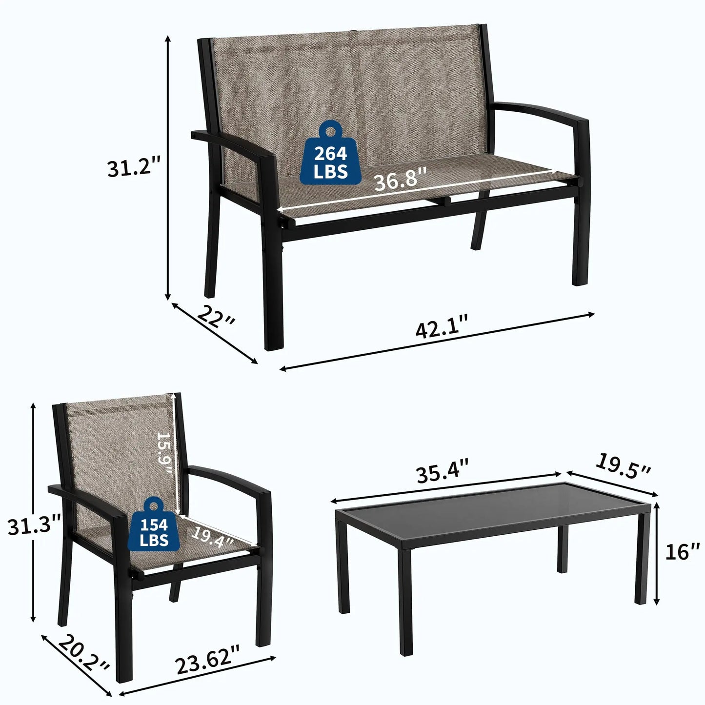 Modern 4 Piece Metal Patio Furniture Set Breathable Mesh Outdoor Loveseat & Chairs With Table For Deck Apartment Porch Backyard