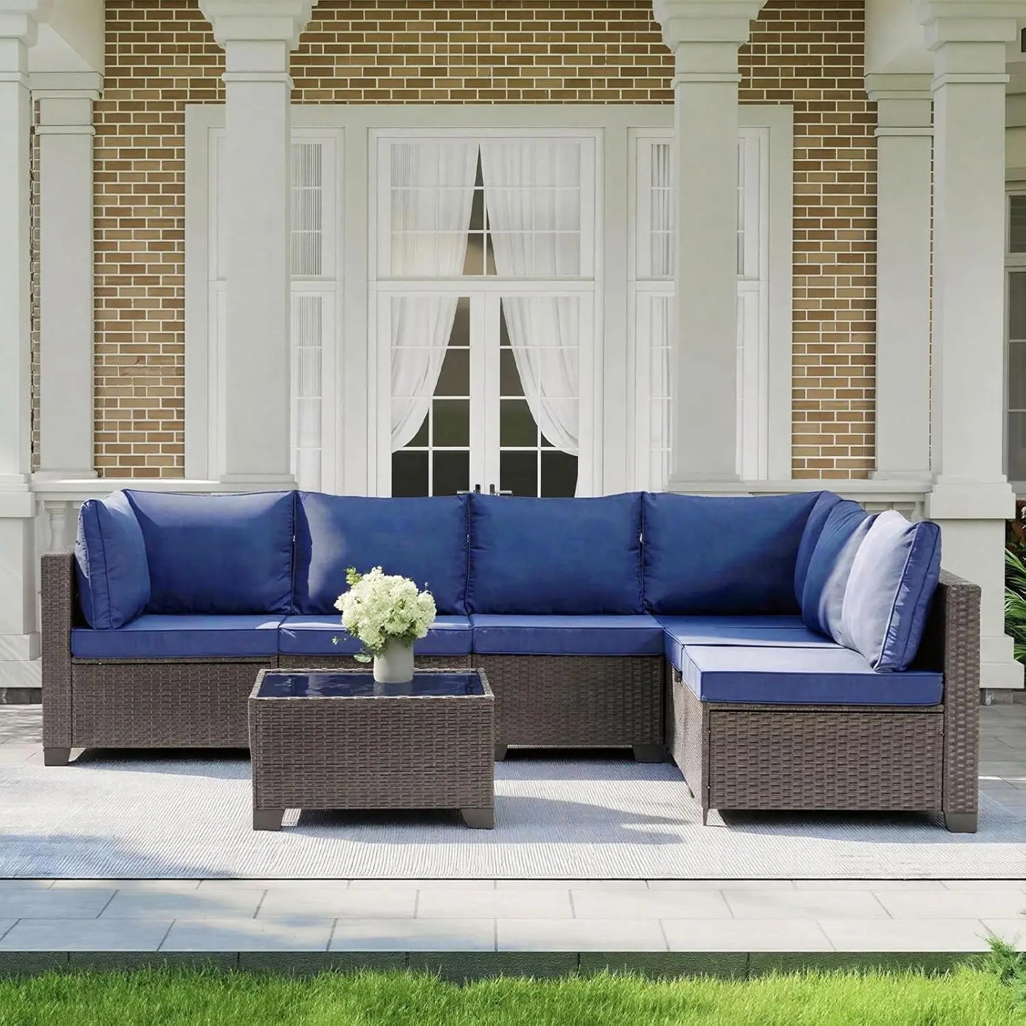 7 Pieces Outdoor Patio Furniture Set, All-Weather Sectional Sofa PE Rattan Wicker with Glass Table & Washable Cushions, Custom