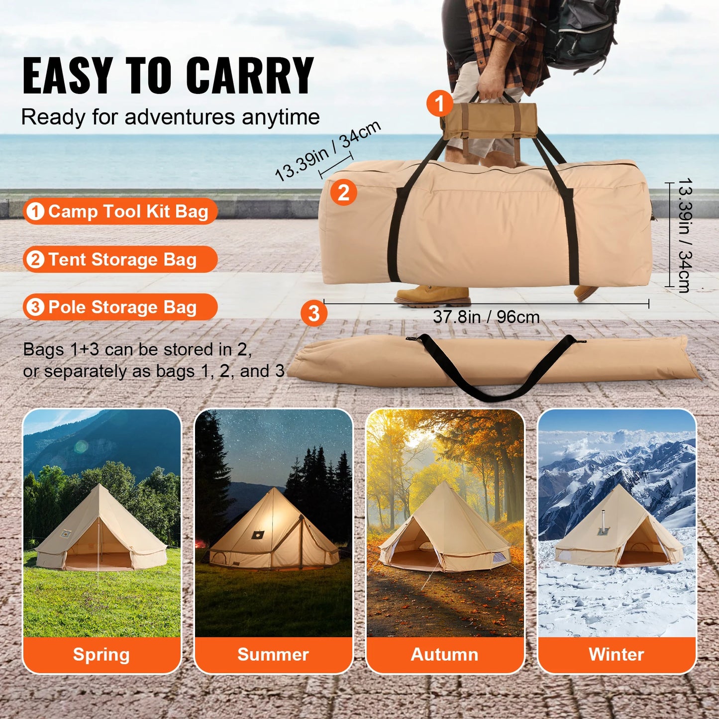 SucceBuy Canvas Bell Tent 4 Seasons 3/4/5/6/7m Yurt Tent Canvas Tent for Camping with Stove Breathable Tent Holds up to 8People