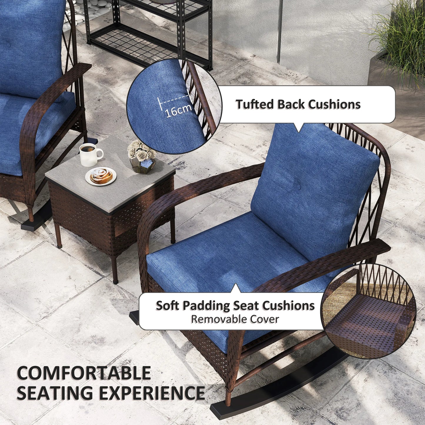 Patio Furniture Set, Rocking Chairs W/ Coffee Table, Cushion Brown