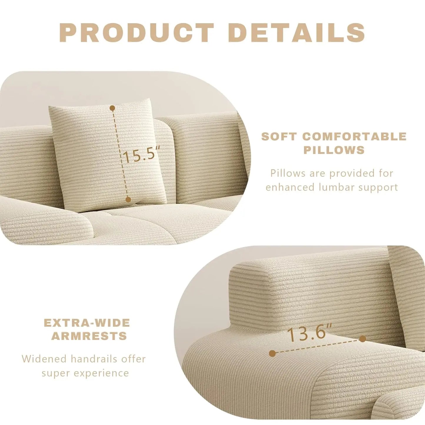 Modular Sectional Sofa No Assembly With Ottoman Corduroy Memory Foam