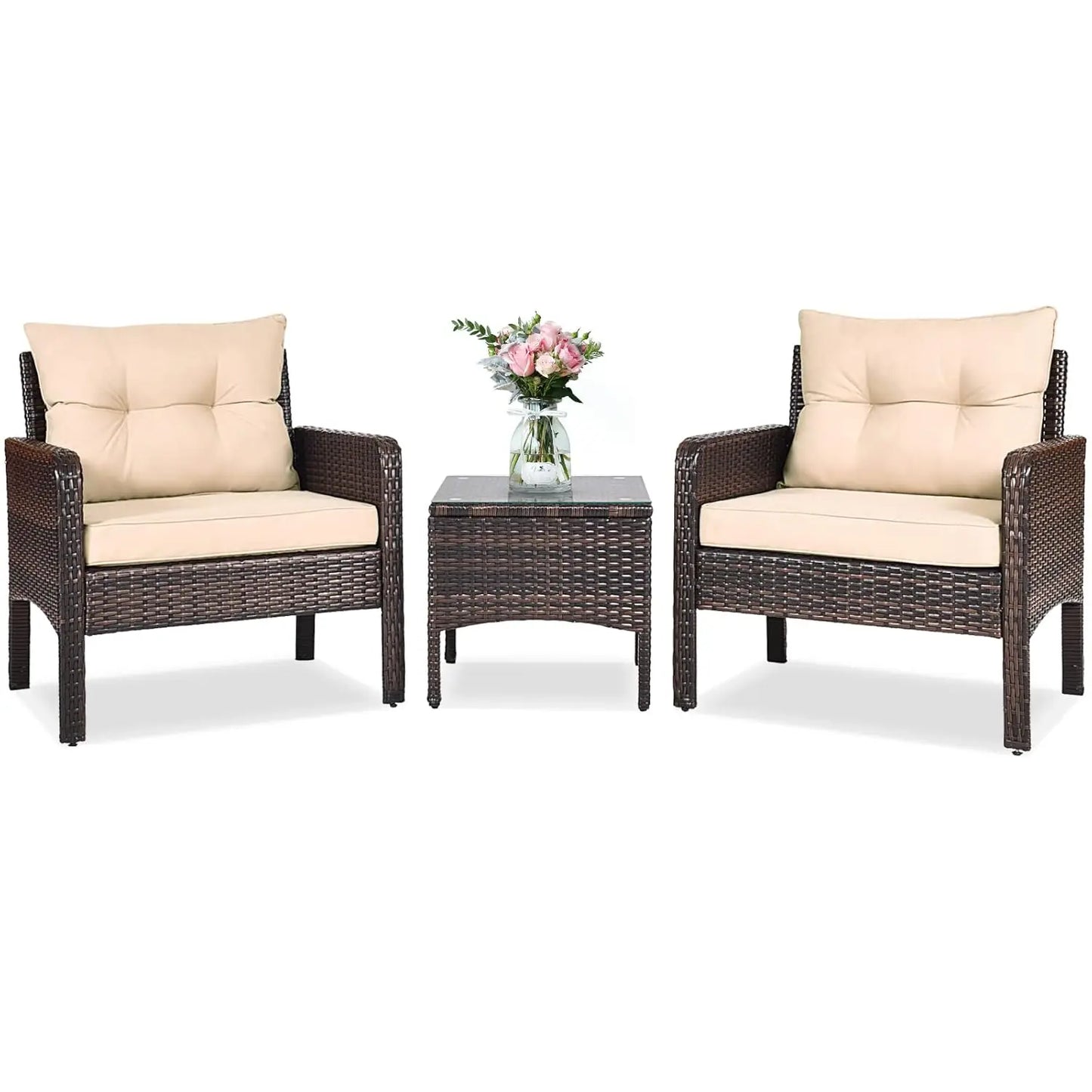 3-Piece Wicker Patio Sofa Set with Cushions & Table, All-Weather Outdoor Furniture for Balcony Deck Porch, Brown, Customized