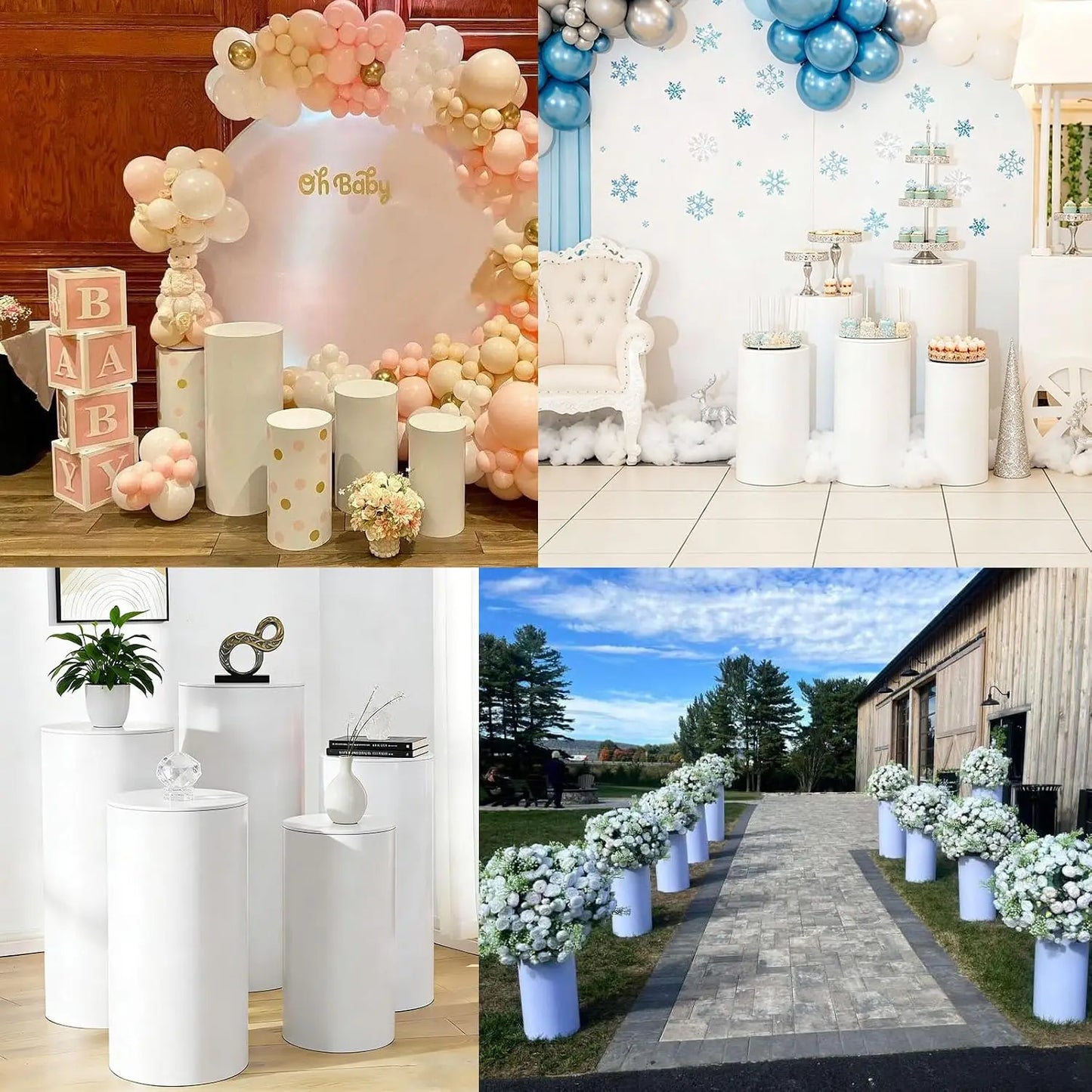 5 Pcs White PVC Cylinder Pedestal Stands Set for Party Round Cake Display Stands Wedding Centerpiece Columns Dessert Table Birthday Baby Shower Flower Decor