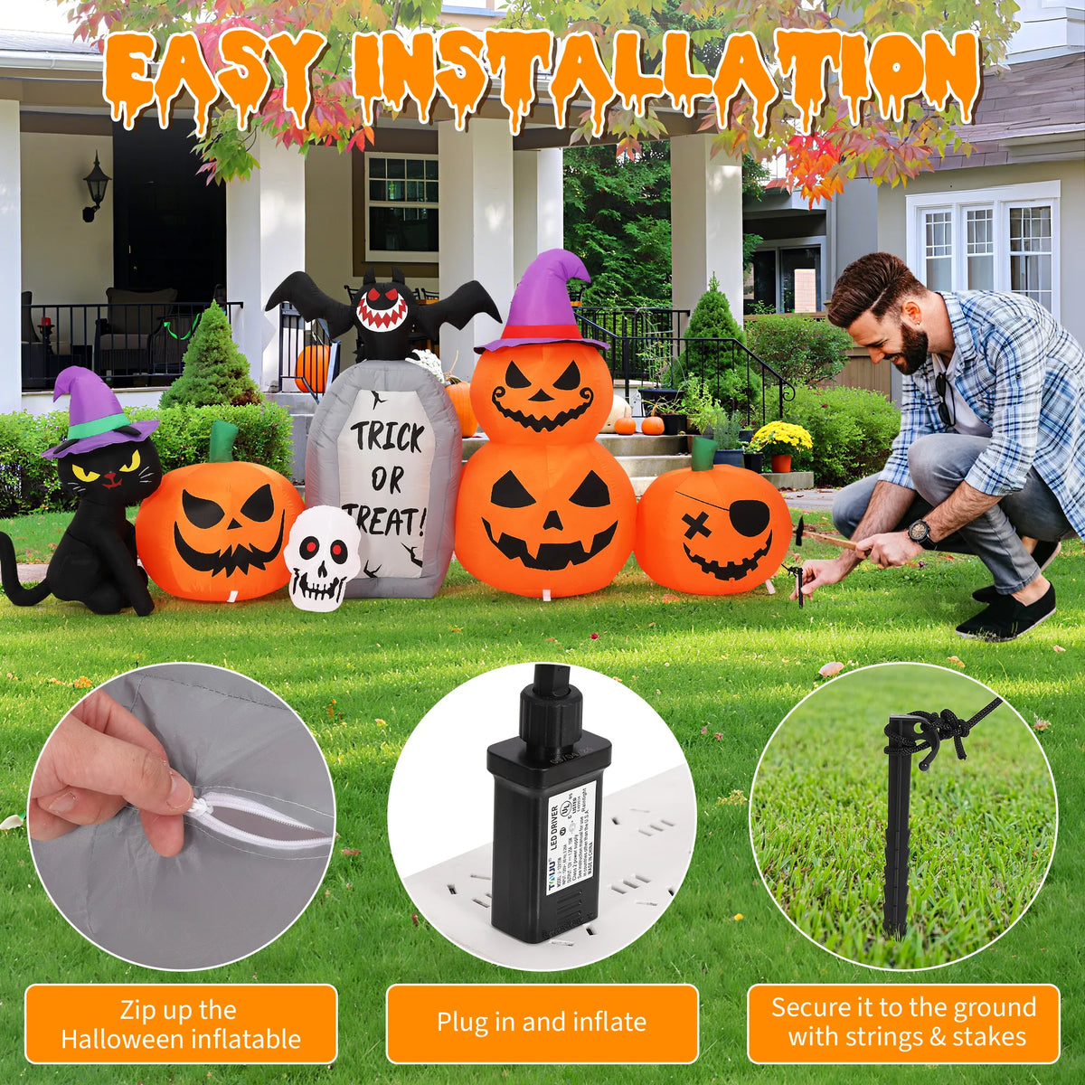 HiMISS Halloween Pumpkin Cat Tombstone Inflatable LED Yard Decor