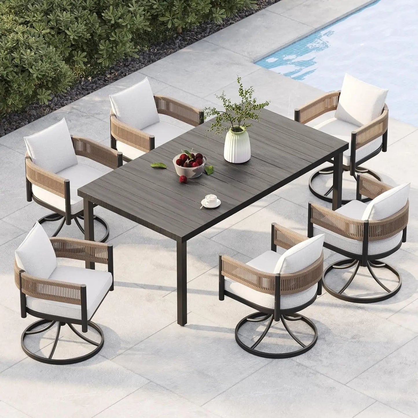Outdoor Dining Set for 6, 7 PCS Patio Table and Chairs Set, Metal Woven Wicker Fixed Patio Chairs with Thickened Cushions & 1 R