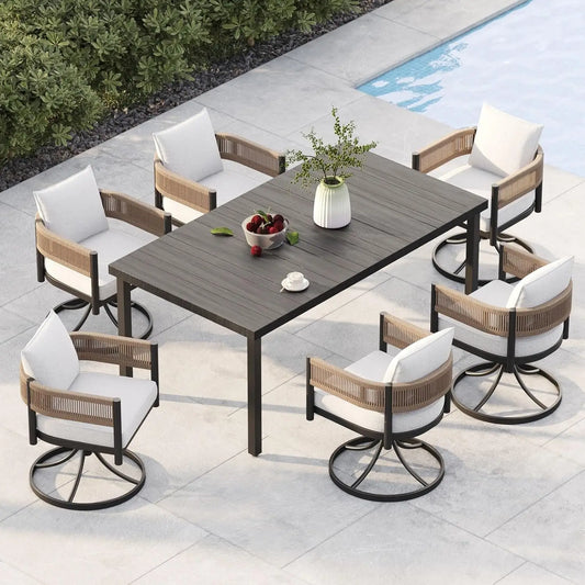 Outdoor Dining Set With Woven Metal Chairs And Cushions