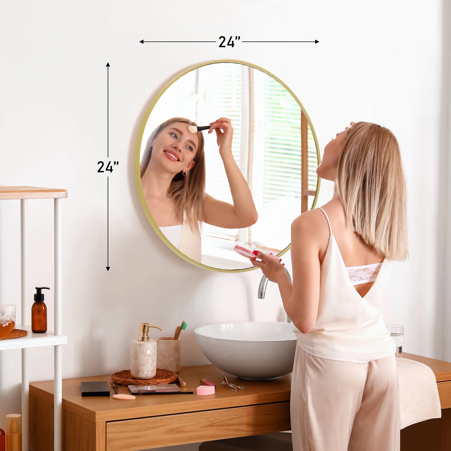 JHK Round Vanity Framed Mirror With Matte Metal Frame Tempered Glass