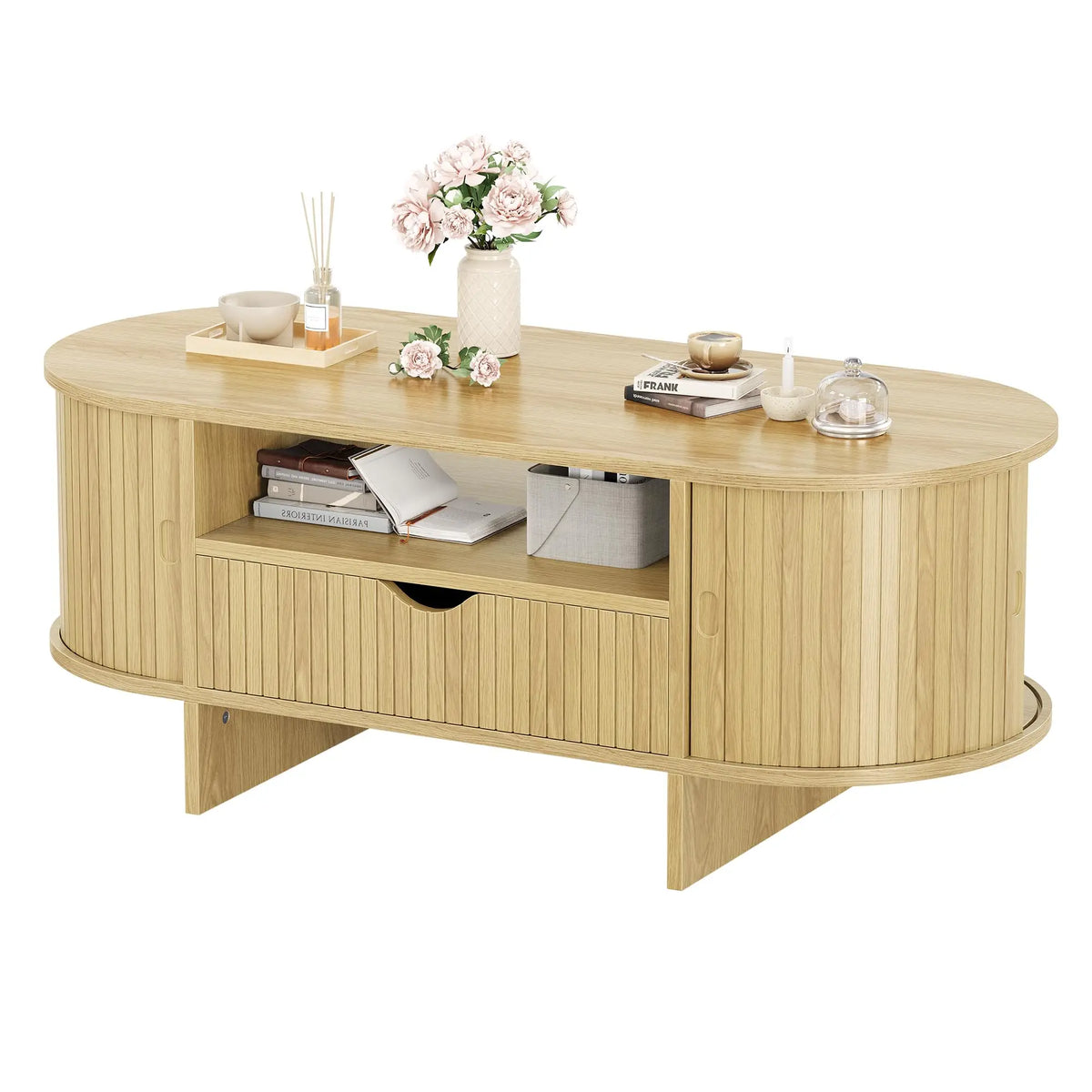 HiMISS Oval Coffee Table With Storage And Fluted Wood Design