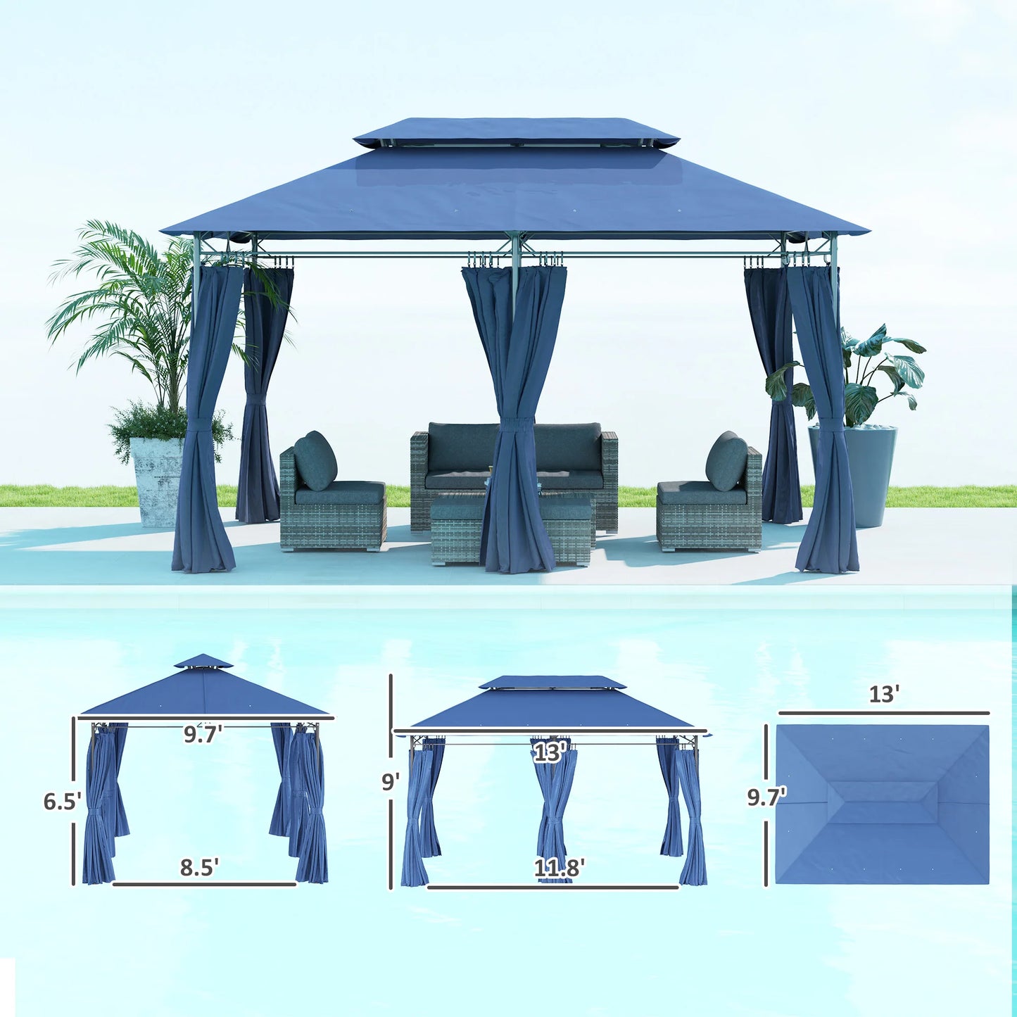 10 x 13 ft Double Roof Patio Gazebo with Curtains, Blue