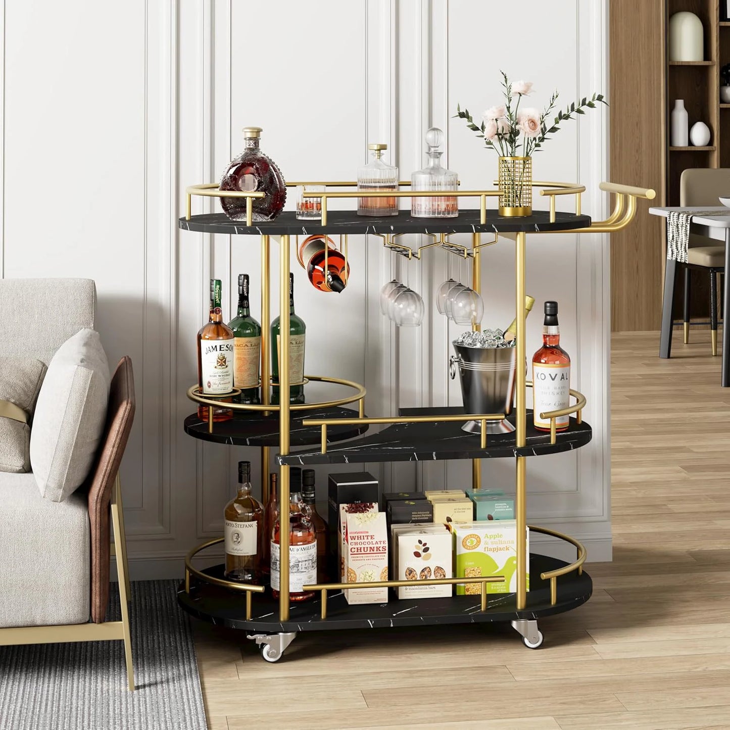 HiMISS 3 Tiered Bar Cart With Wheels And Wine Rack