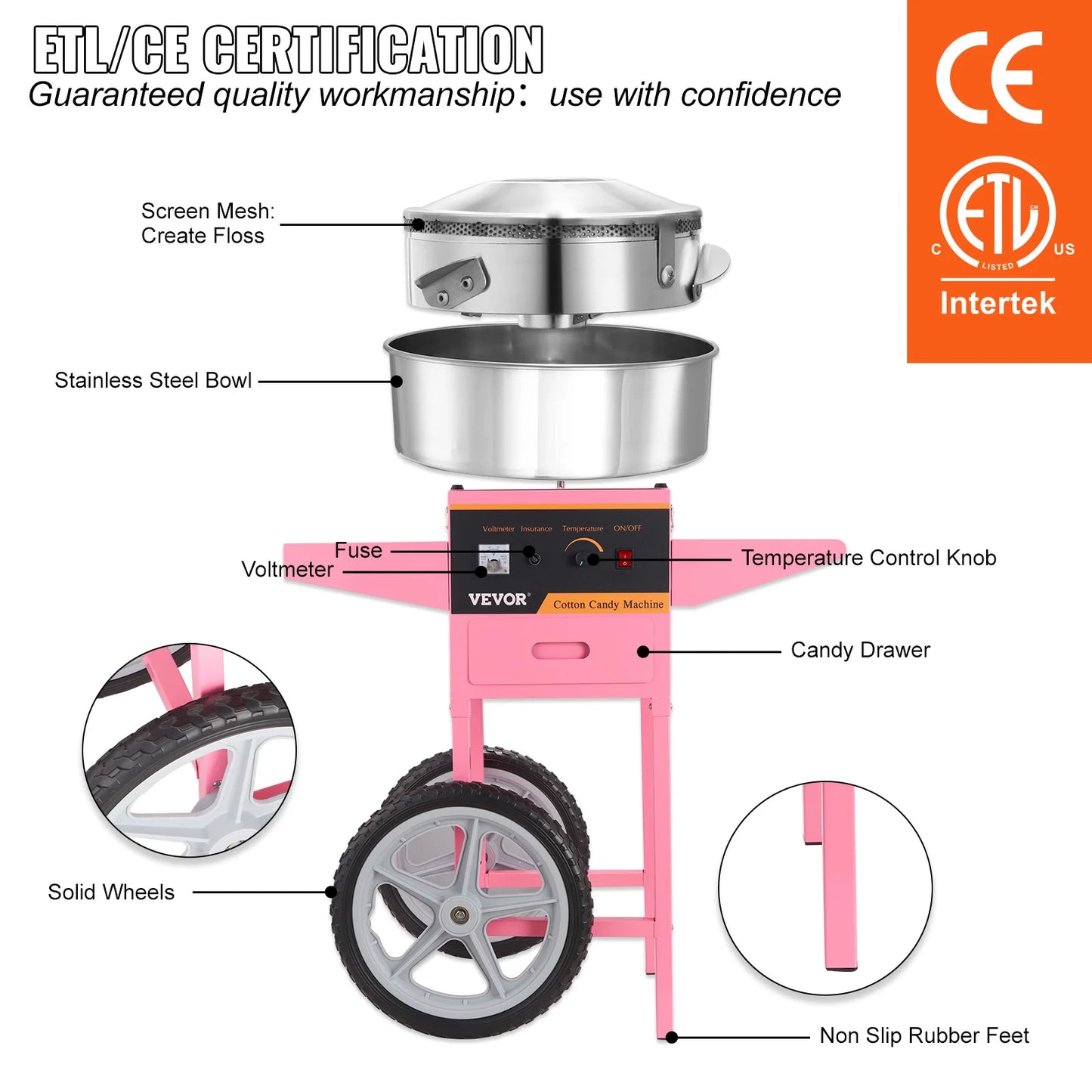 SucceBuy Electric Cotton Candy Machine With Cart 1000W Power