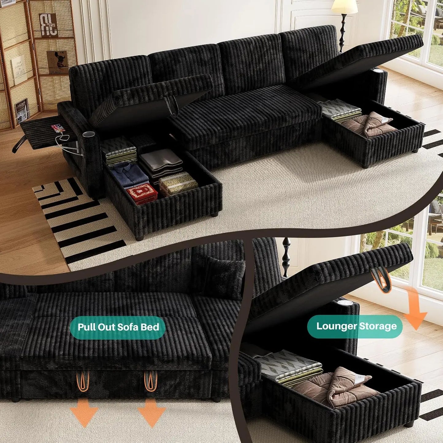 U Shaped Sleeper Sectional Sofa With USB Ports And Storage