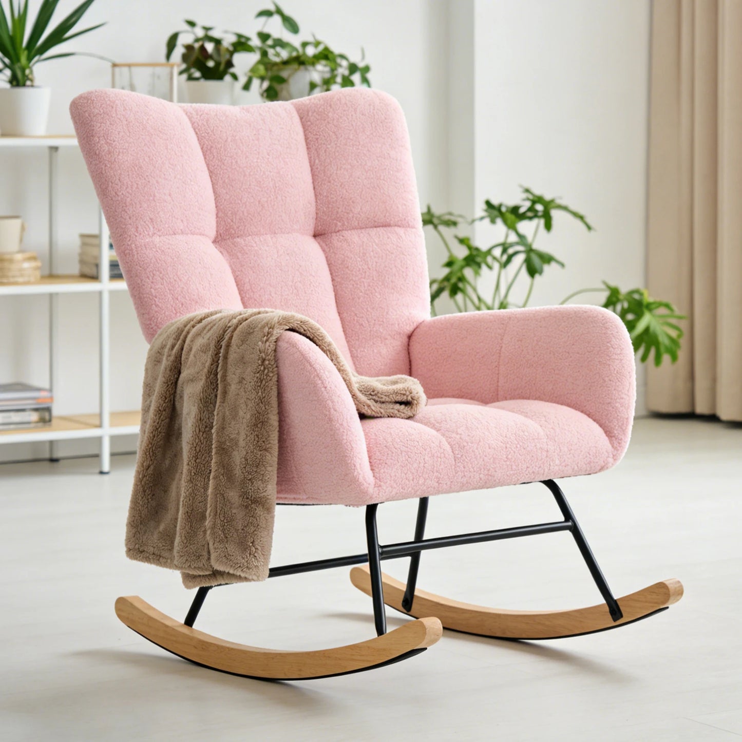 JHK Teddy Upholstered Saucer Rocking Chair With High Backrest Metal Frame
