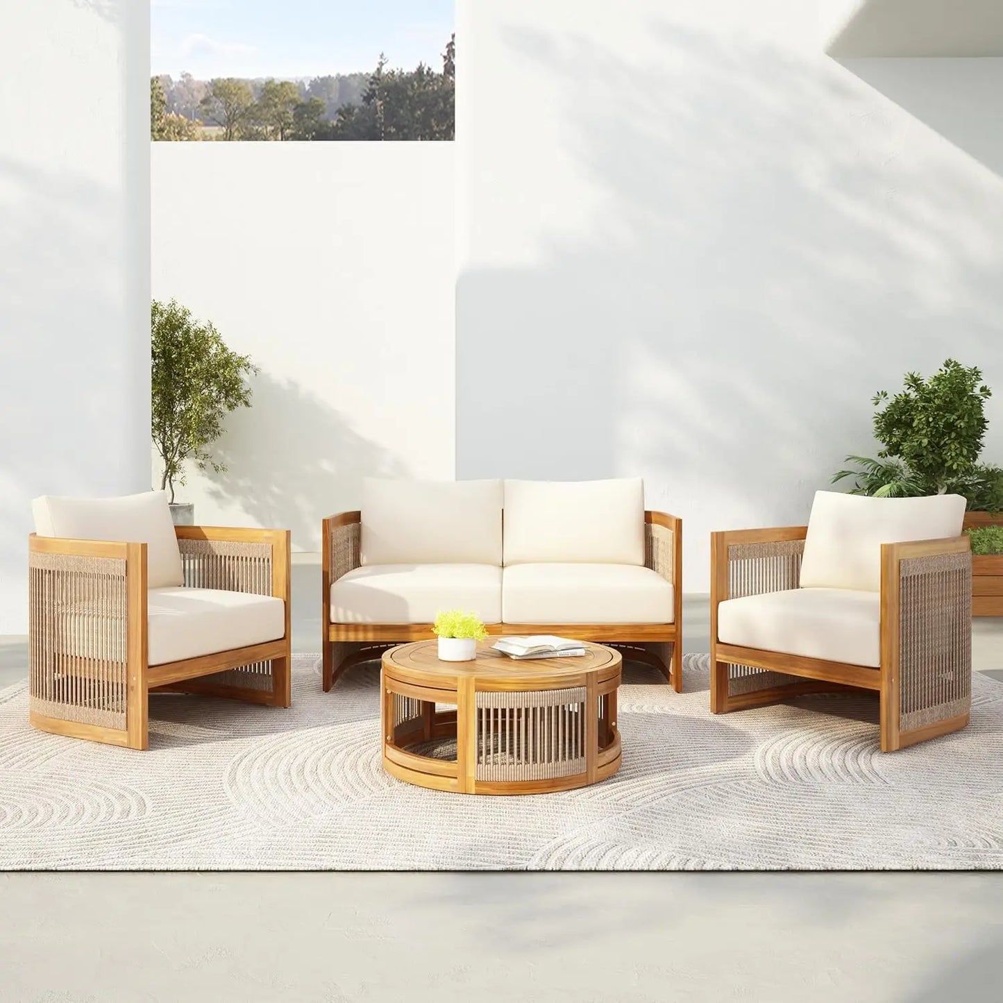 4-Piece Patio Conversation Set, All Weather Sectional Sofa Set w/ 2 Chairs, Loveseat & Table Premium, Acacia Wood Outdoor Furnit