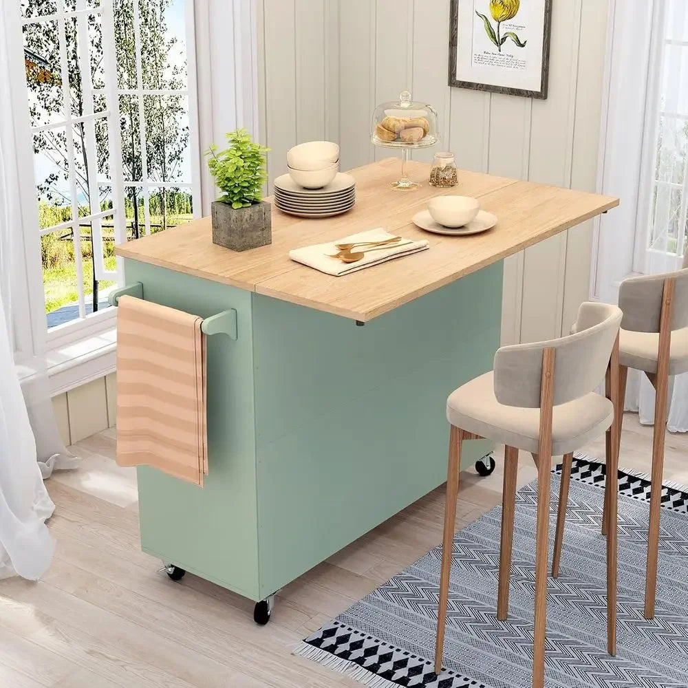Kitchen Island with Storage, Sage Green Rolling Kitchen Cart on Wheels with Drop-Lea Bar Countertop, Islands Prep Table with Sid