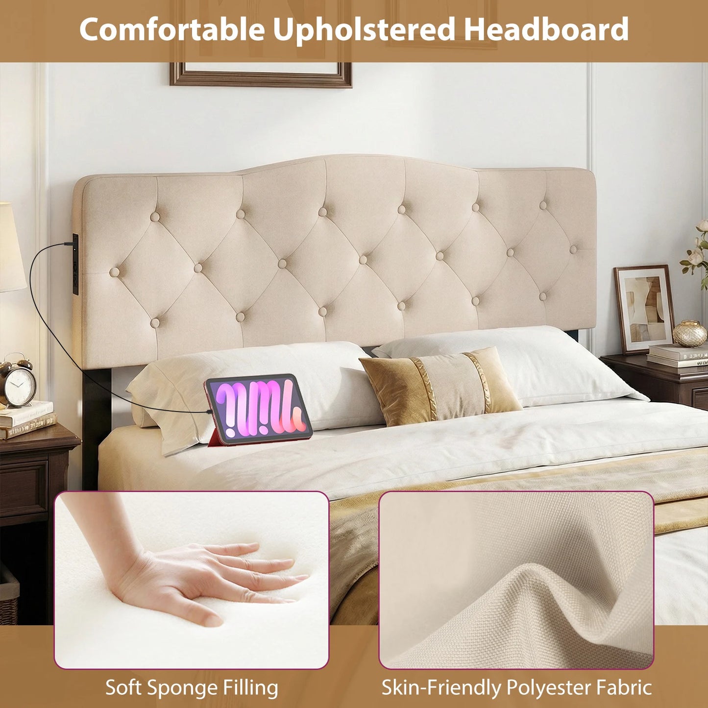 Homasis Tufted Upholstered Headboard With Dual Ac Outlets