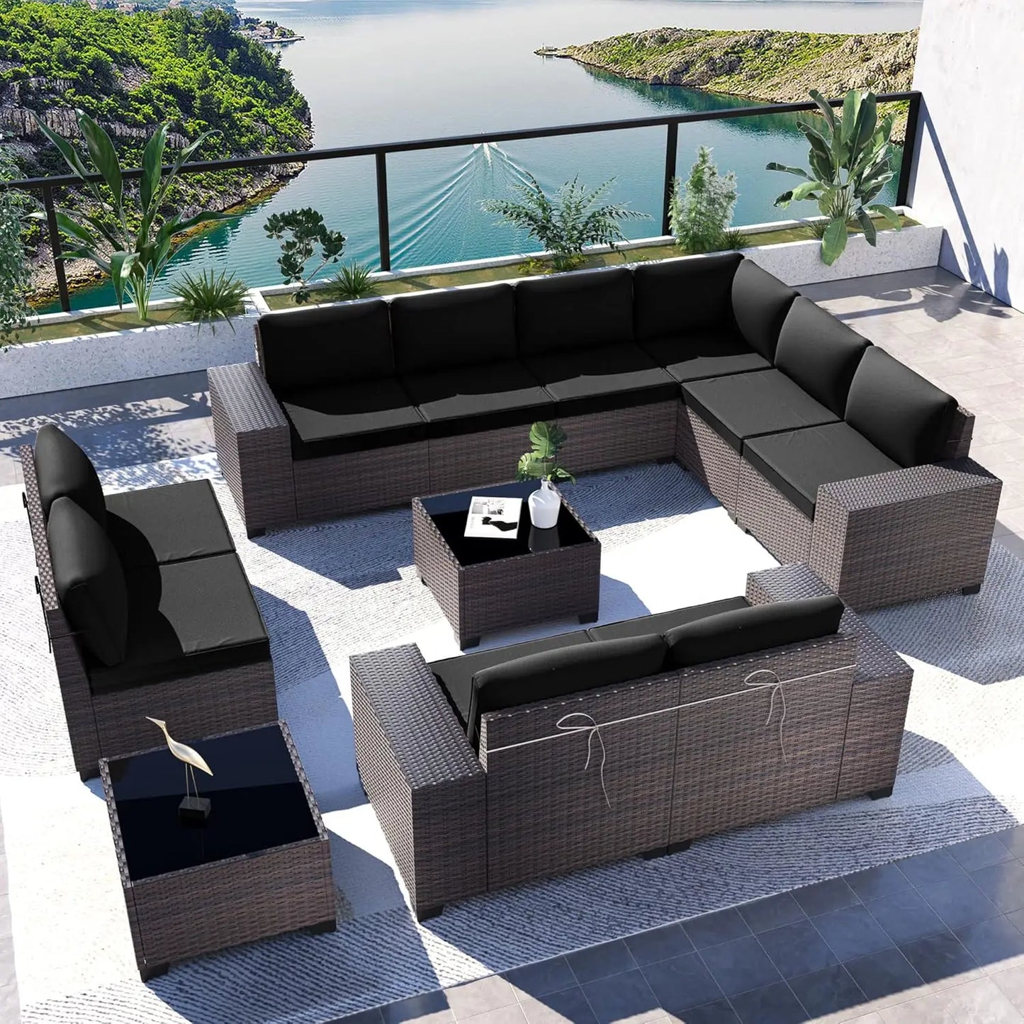 Outdoor Patio Furniture Set,12 Pieces Sectional Rattan Sofa Set Brown PE Rattan Wicker Patio Conversation Set with 10, Custom