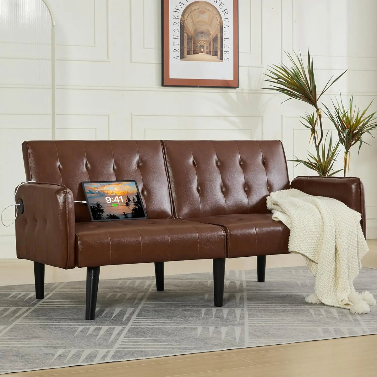 TYBOATLE Modern Tufted Adjustable Futon Sofa Bed With USB Ports