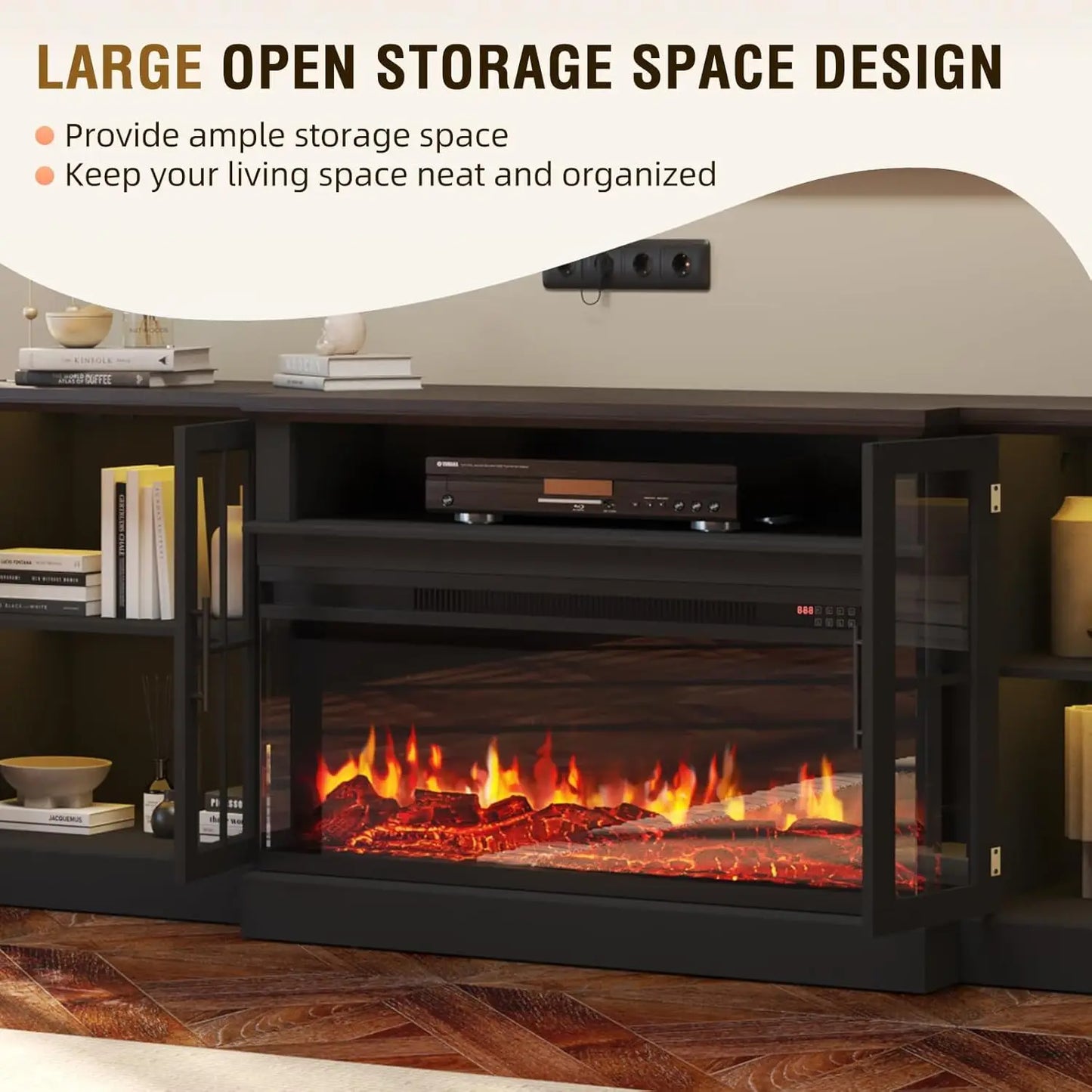 Black 87" Farmhouse TV Stand with 36" Fireplace for Living Room,Media Entertainment Center with Adjustable Shelves, Customized