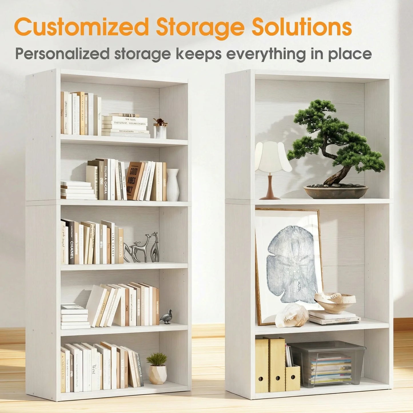 MCQ 5 Tier Wooden Bookshelf Black 53 Inch Tall Bookcase Standing Open Book Shelf Organizer Adjustable Display Storage Shelves