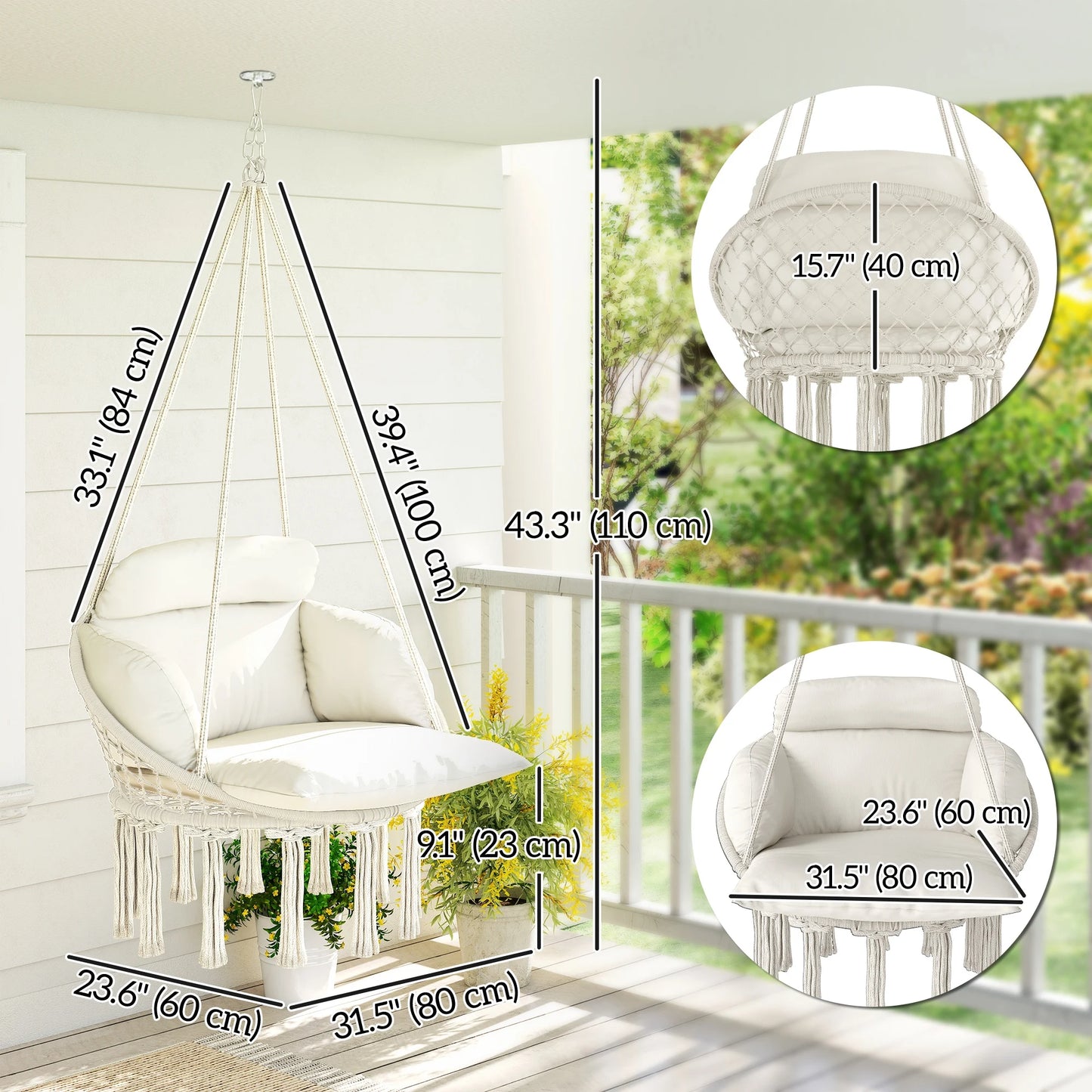 Hanging Hammock Chair with Cushion, Macrame Swing Chair, Cream