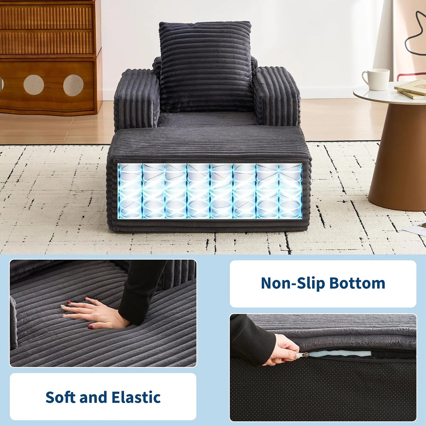 45'' Corduroy Cloud Chaise Lounge Sofa, Deep Seat Reading Chair With Wide Armrests, Back Pillow, No-Assembly Couch