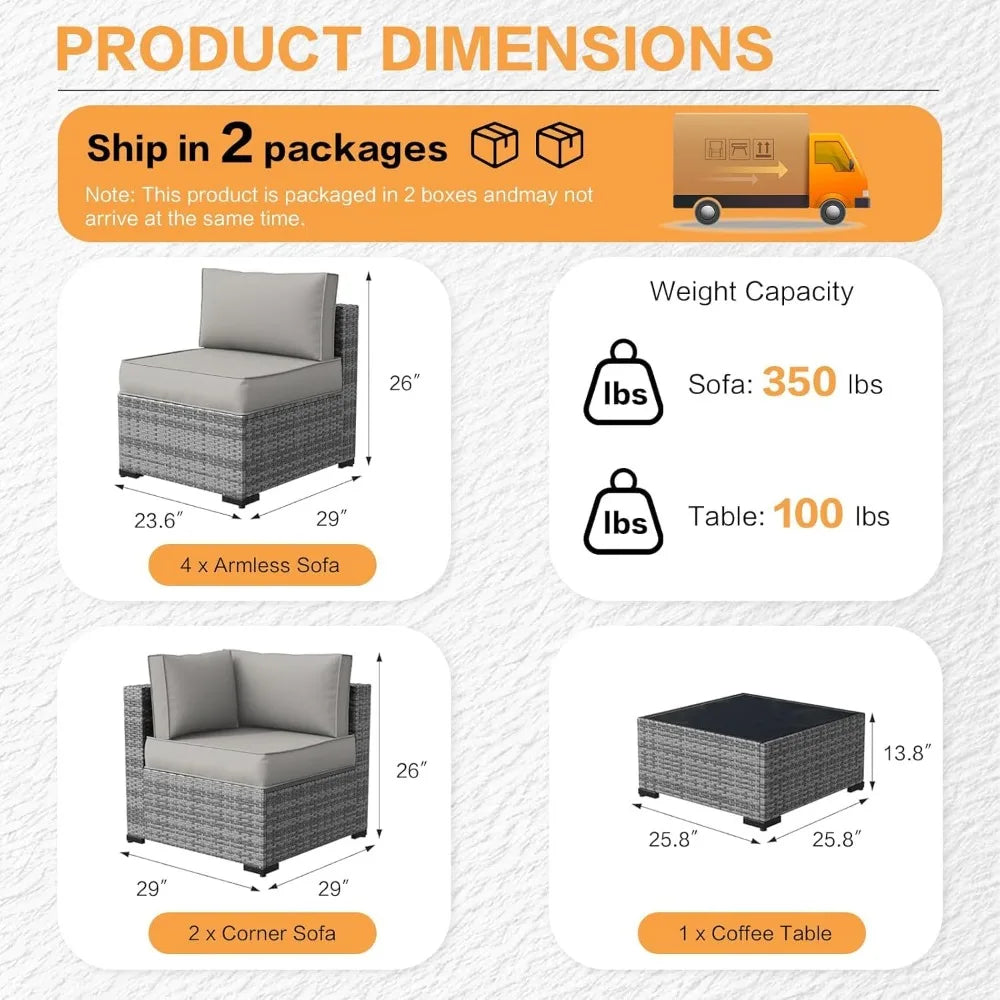 7 Pieces Outdoor Patio Furniture Set, All-Weather Sectional Sofa PE Rattan Wicker with Glass Table & Washable Cushions, Custom