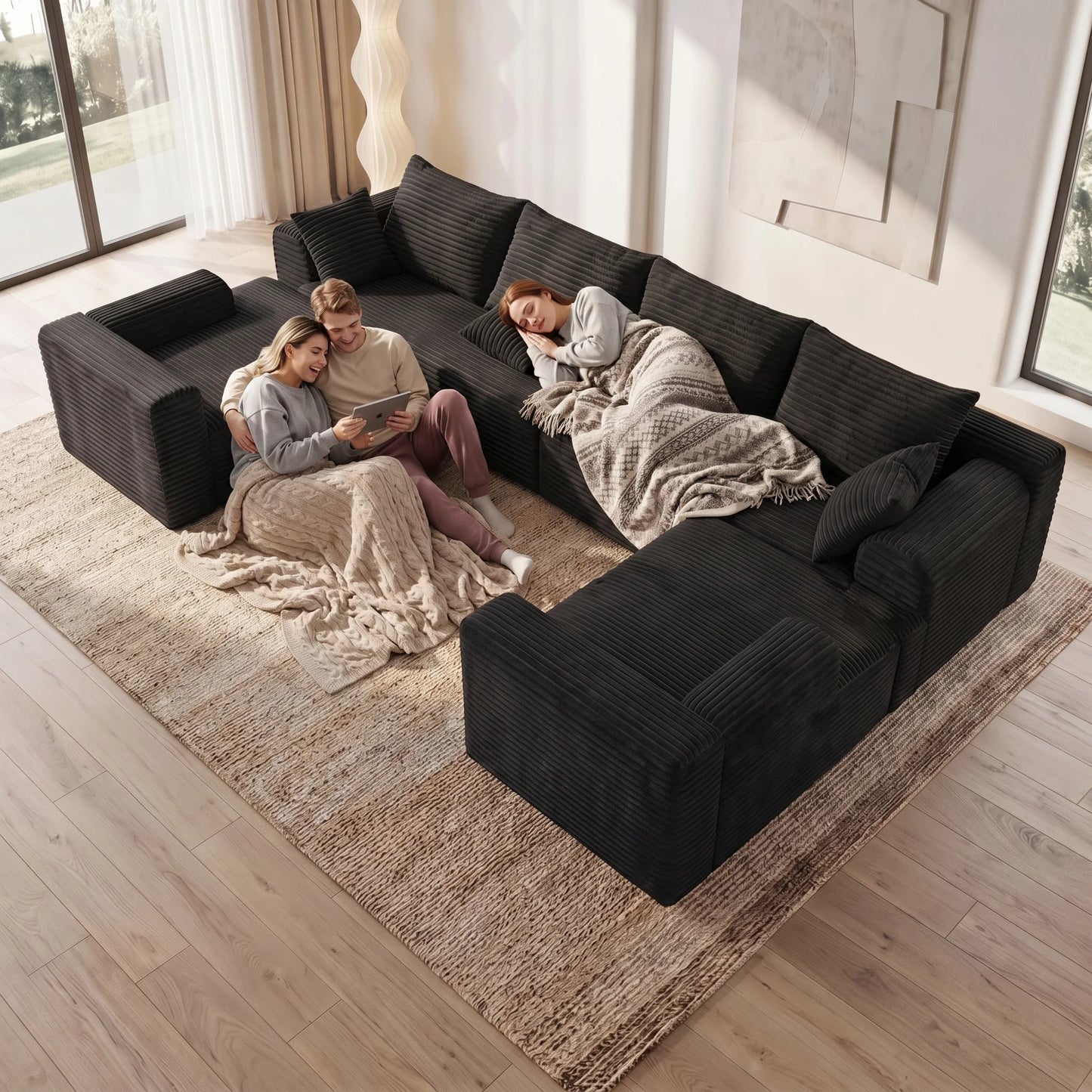 118" Oversized Modular Black Corduroy Sectional Sofa, U-Shaped Corner Couch, DIY Freely Combinable, Soft Comfort Cloud Block Lazy Sofa for Living Room, Convertible Sofa Bed